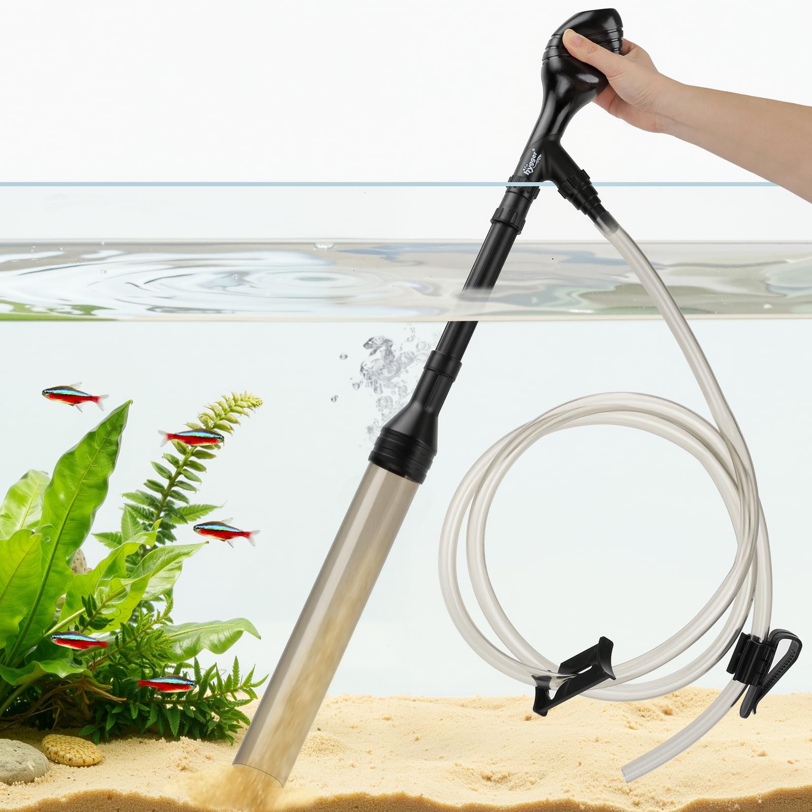 hygger Mulmsauger Aquarium, 969 L/H Aquarium Sauger Reinigungsset | Geeignet für Niedrige Wasserstände, Integrierter Kneif & Greifsaugball, Verstellbare Länge Größe L Mittelgroßes Aquarium
