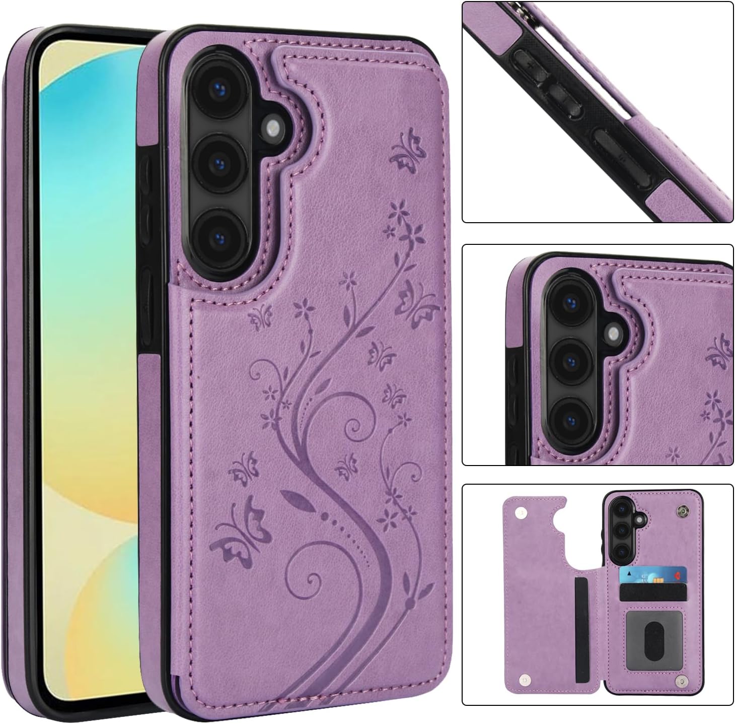 Asuwish Phone Case for Samsung Galaxy S24 FE 5G with Tempered Glass Screen Protector and Card Holder Wallet Cover Stand Flip Leather Cell Accessories S 24 EF S24FE 24S Cases Women Girls Purple - Image 2