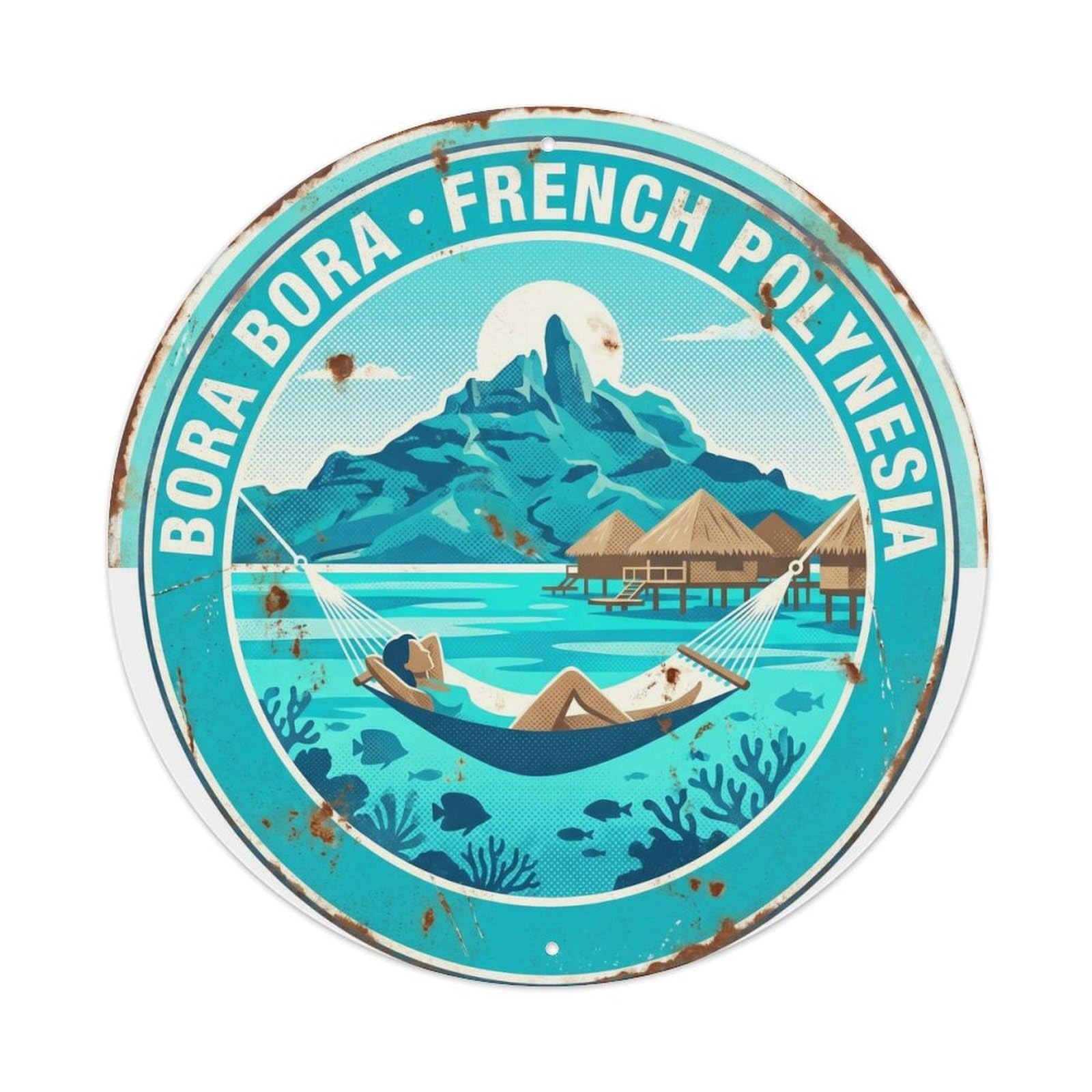 Olyhtr 8X8inch Classic Style Borabora Overwater Hammock Blue Lagoon Retro Metal Tin Sign