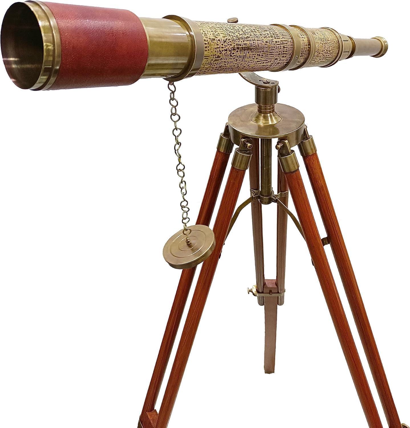 Nautical Antique Brass Telescope with Arc Design Adjustable Brown Wooden Tripod Floor Standing Maritime Vintage Collectible
