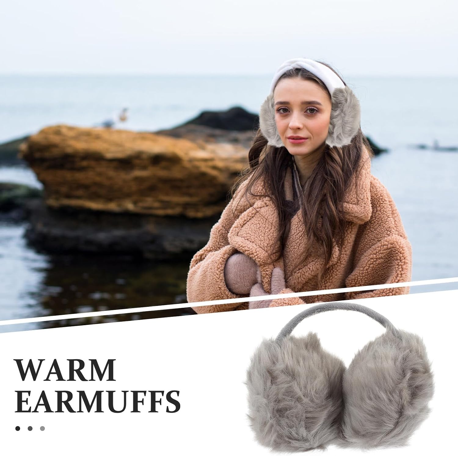 Plush Cycling Earmuffs Back-wear Gray Winter Ear Warmers Soft Washable Ear Covers Cold Weather Protection for Women Outdoor Use
