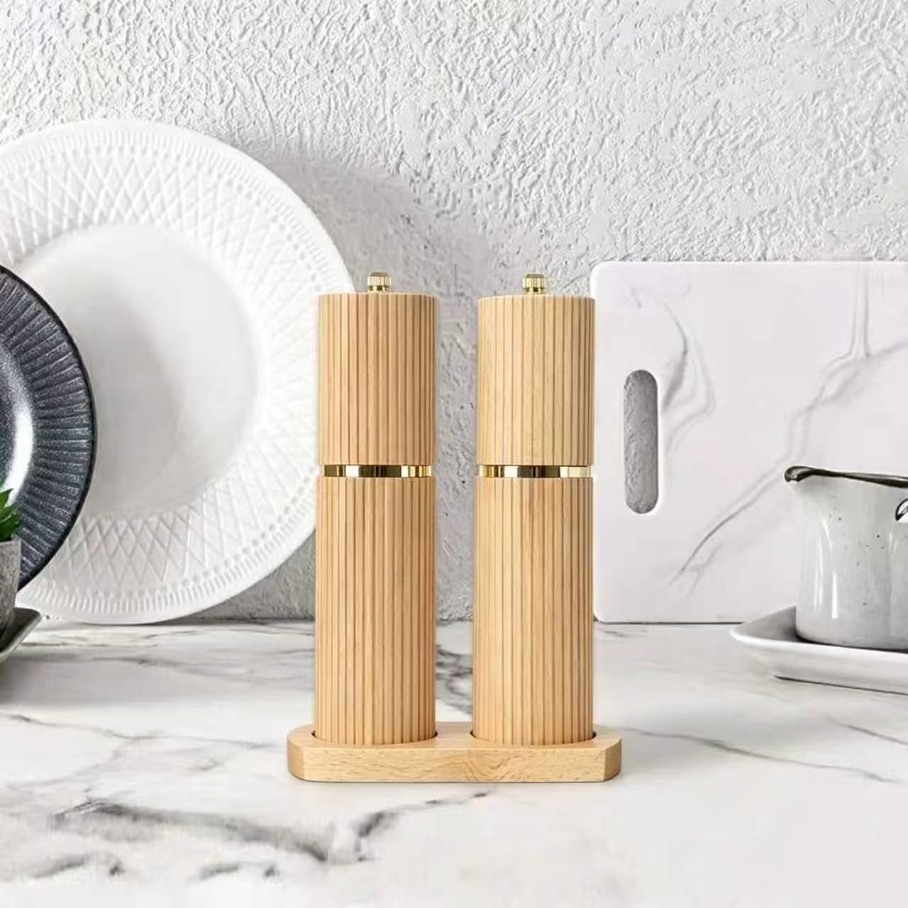 Wood Salt And Pepper Grinder Set, Manual Adjustable Grinders With Matching Wooden Tray, Refillable Salt & Pepper Mill Set, Gift For Kitchen And Dining (A)