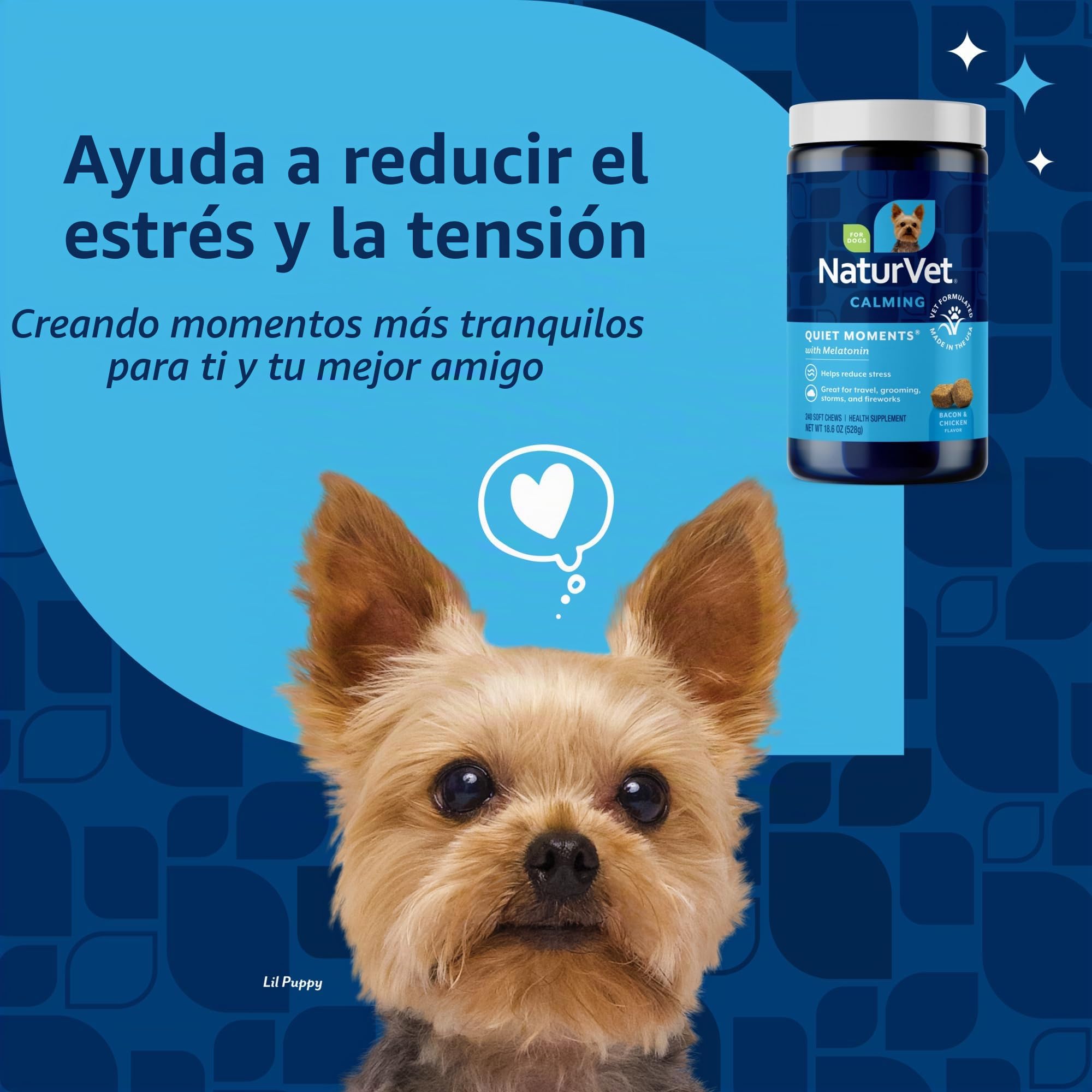 NaturVet Quiet Moments Suplemento calmante para perros, masticables suaves para perros con melatonina para ayudar a reducir el estrés de las tormentas, el veterinario, los fuegos artificiales y los