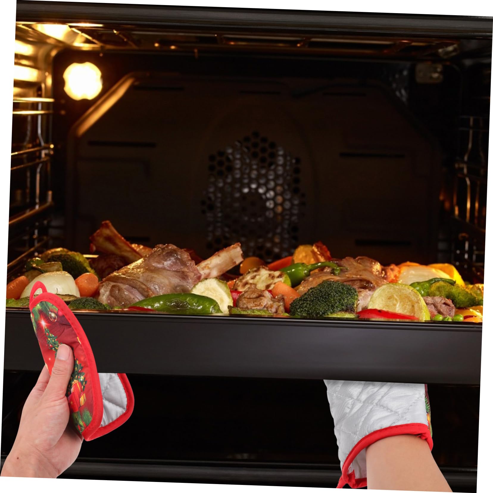 COLLBATH Guantes De Horno Resistentes Al Calor Navideños Rojos 4 Piezas De Algodón Aislamiento Térmico para Cocina y Horno, Set para Protección De Manos Hornear y Uso Microondas