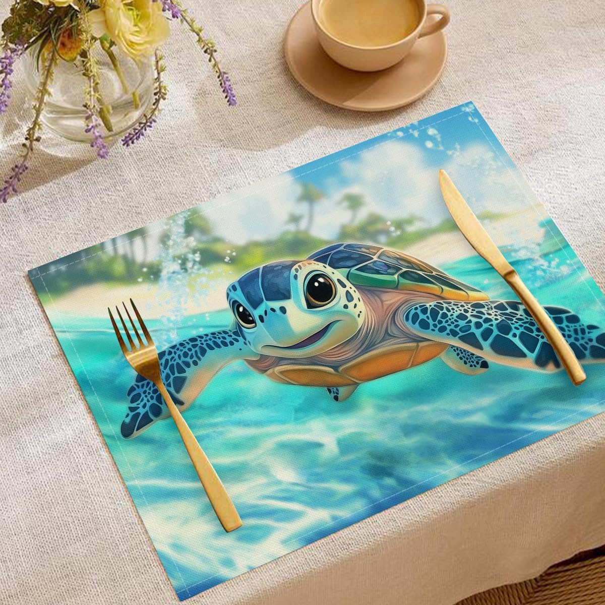Cute Animals Placemats- Cartoon Dinosaurs Linen Table Place Mat - Set of 6 Farmhouse Non-Slip Heat Resistant Table Mats for Dining Kitchen Cabin Lodge Decor