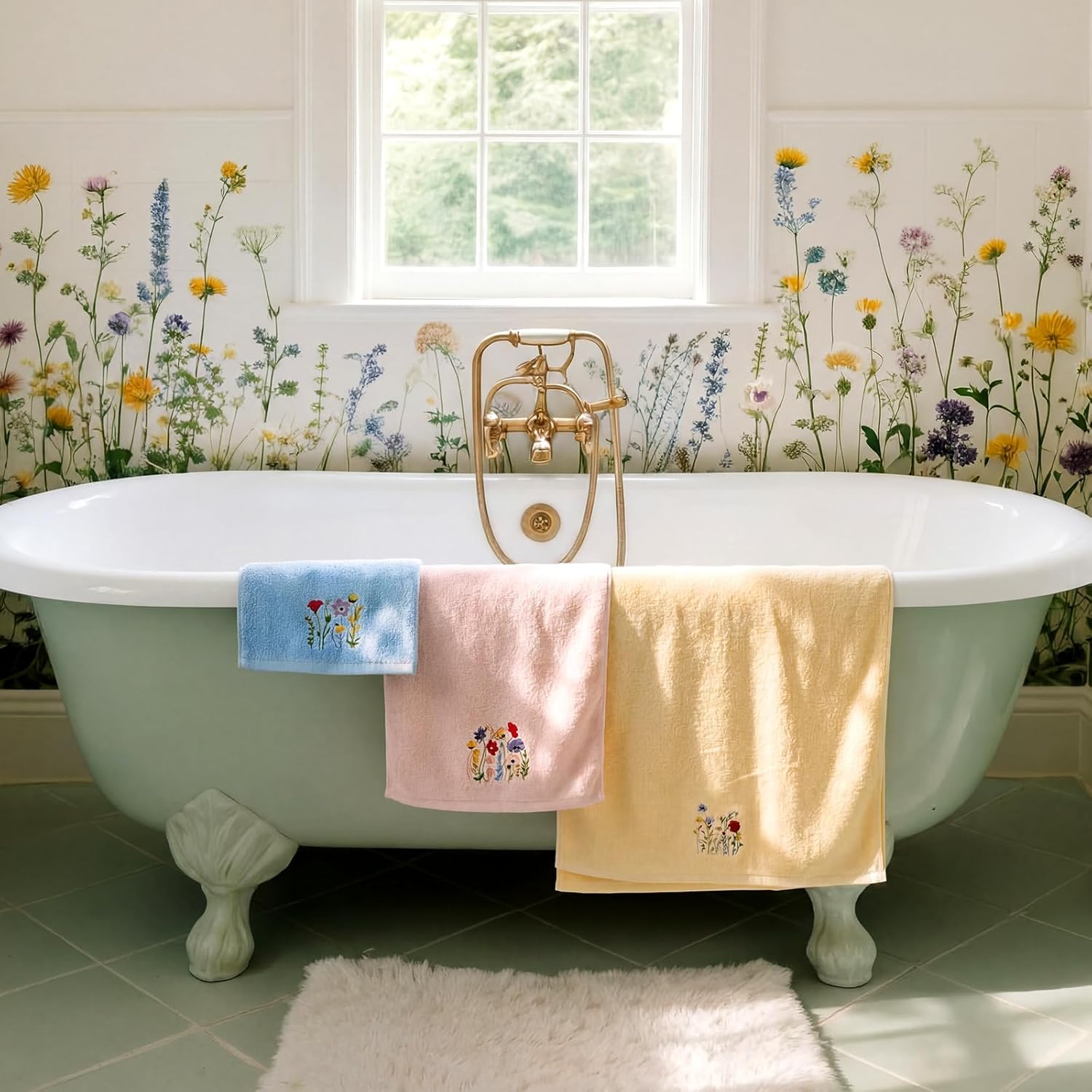 Peryiter 3 Pack Spring Wildflower Bath Towels Set -Cotton Colorful Flower Embroidery 1 Bath Towel 1 Hand Towel 1 Washcloth for Bathroom Kitchen Decorations Country Accessories Housewarming Gifts
