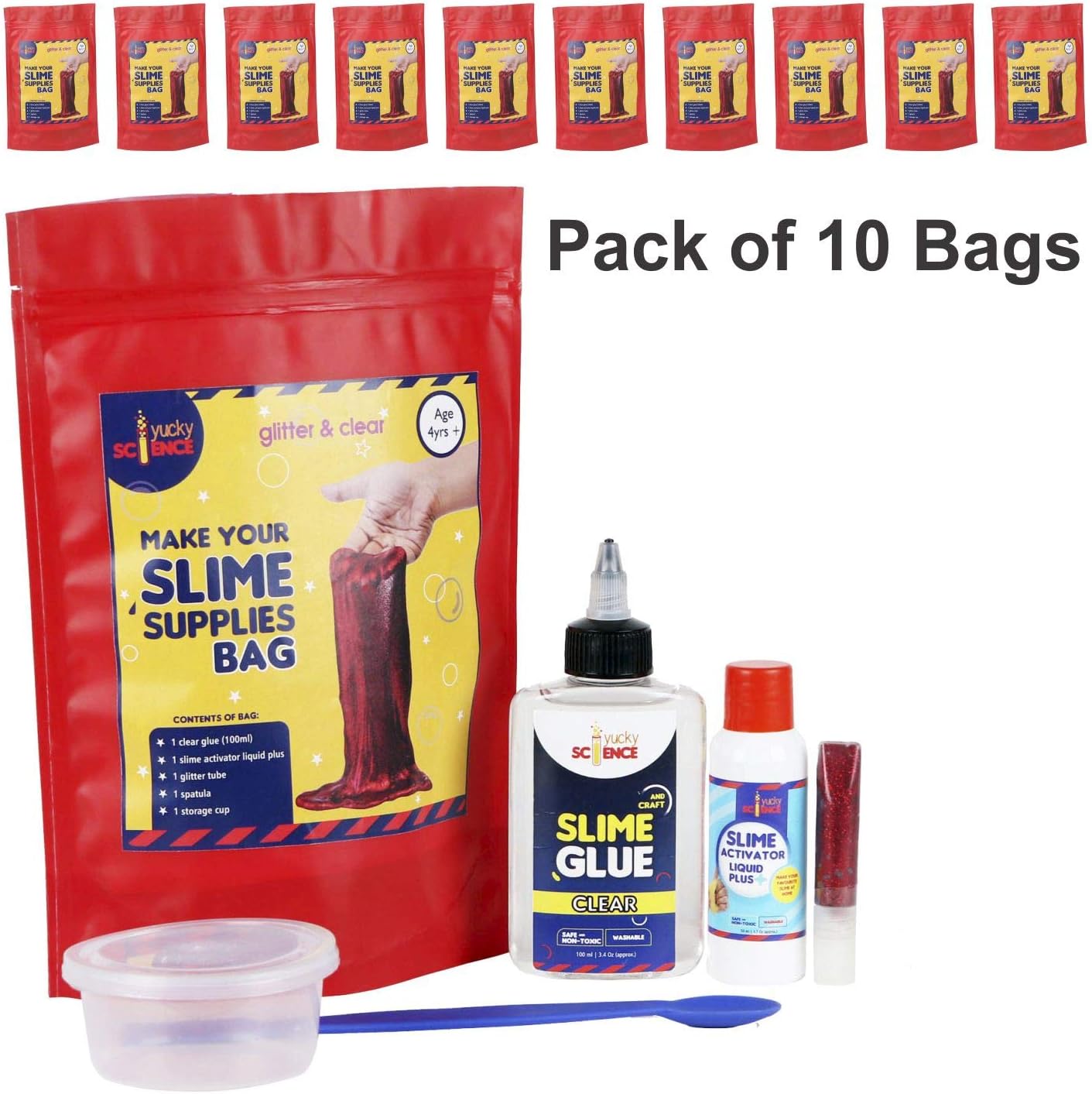 Yucky Science Birthday Return Gift Set for Kids – 10 Bags of Slime Making Supplies (Glitter and Clear). Age 4 Years and Above. (Multicolour) (Birthday Gift Set (10 Bags))