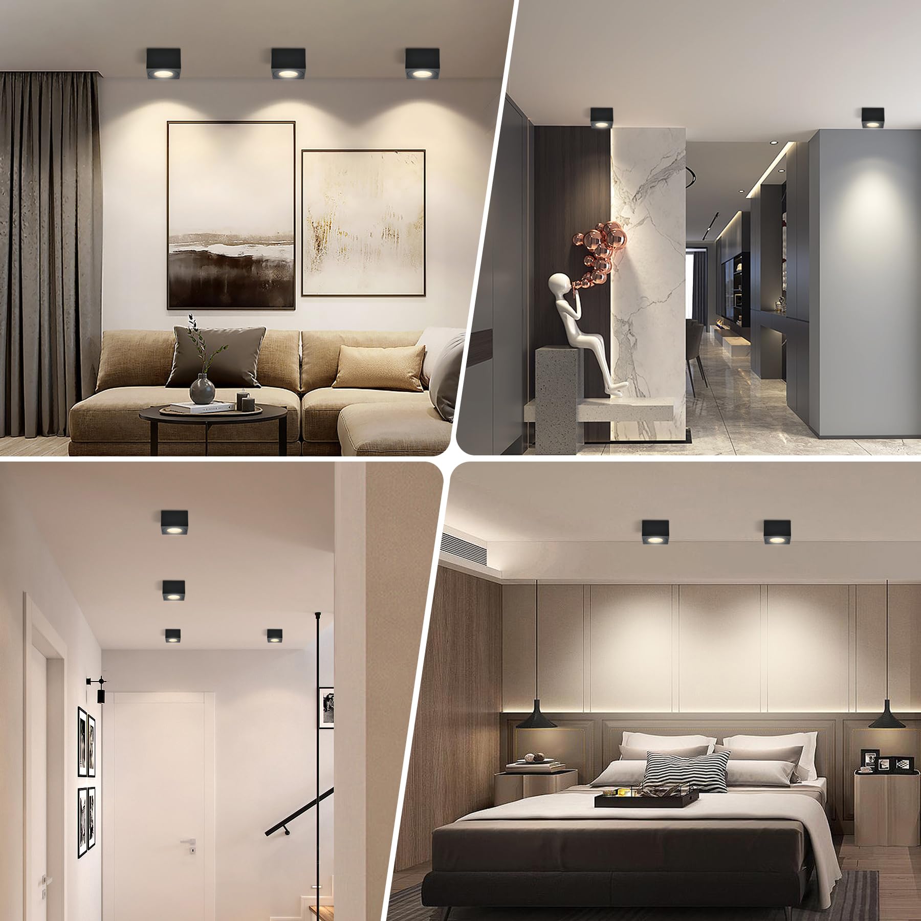 KYOTECH Faretto da soffitto a LED Quadrata IP44 Ø80*80 * 50mm Apparecchio a Plafone Plafoniera per moduli LED Spot Alluminio per Bagno Soggiorno Cucina, lampadine non incluse,Nero Set da 4