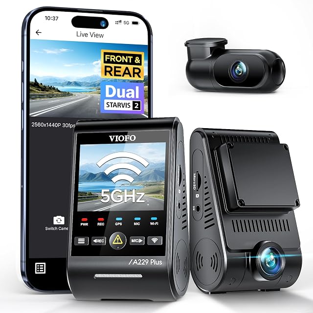 VIOFO A229 Plus Cam Dash avec double STARVIS 2 Capteurs, 2 Chaîne HDR, 1440P+1440P Avant et Arrière, Caméra de contrôle vocal de voiture, 5GHz Wi-Fi, ultra précis GPS, 24 Heures de stationnement Mode, support 512GB Max
