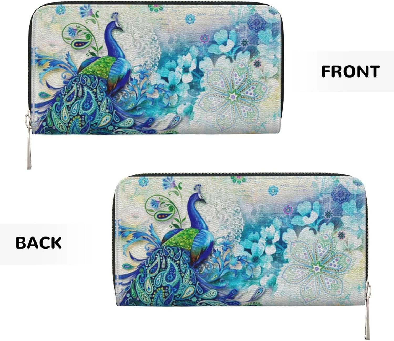 Peacocks and flowers Wallet for Men Women Elegant Long Clutch Zip Around Travel Leather Coin Purse Large Capacity Credit Card Holder Handbag