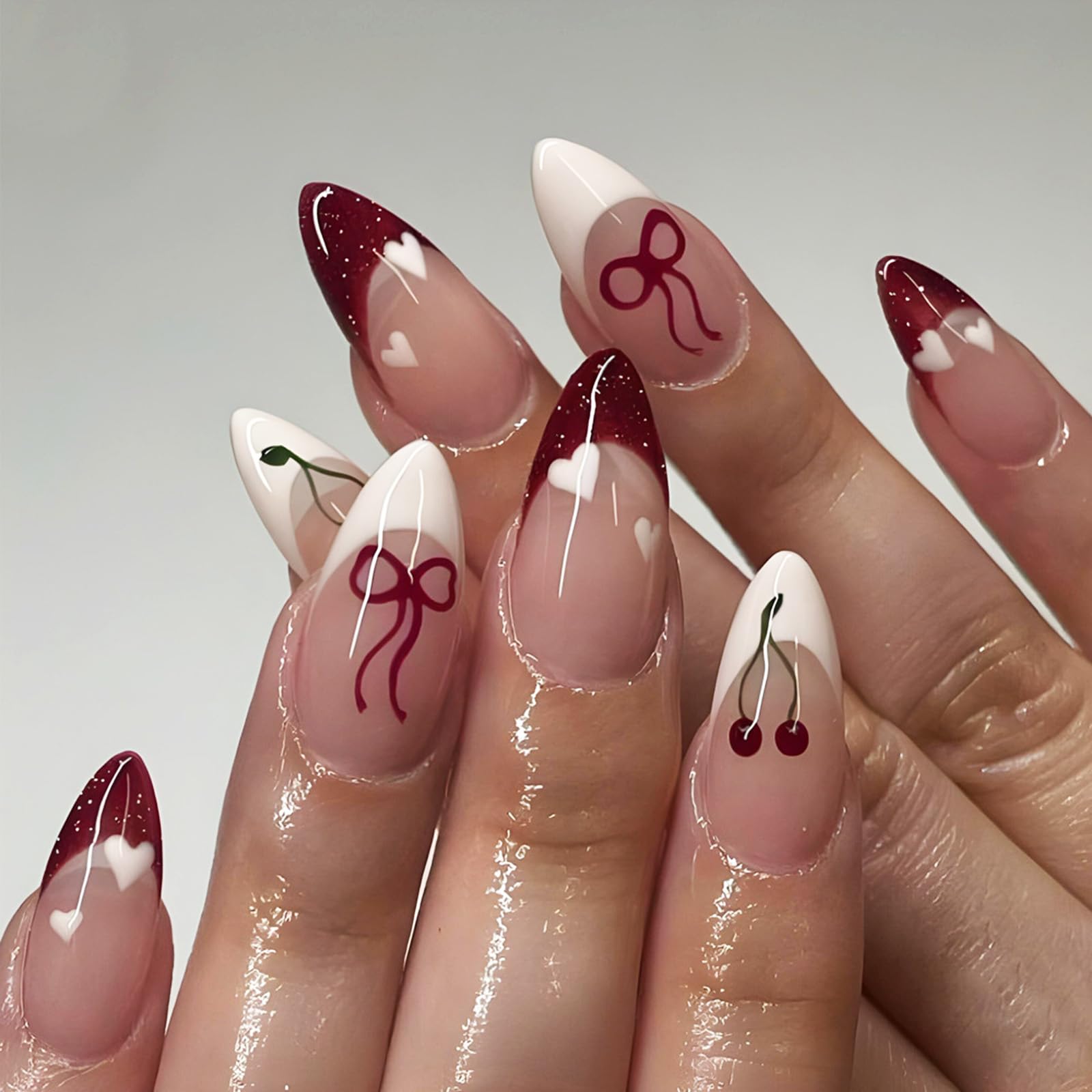 Cherry Press on Nails - Romantic Heart Acrylic Medium Almond False Nails 24Pcs Glossy Red French Tips Tie Bow Stick on Nails Valentines Gift Gel Glue