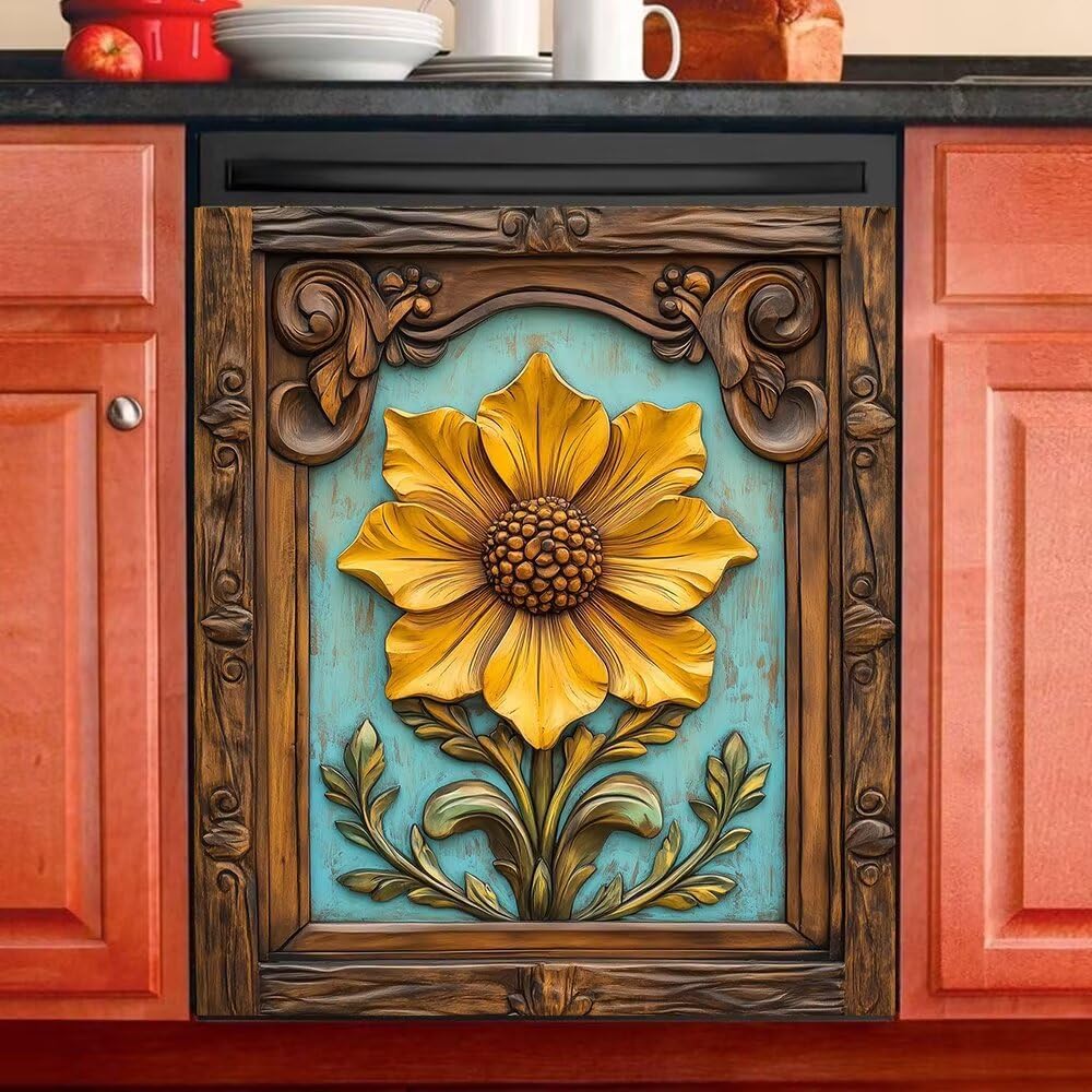 Vintage Wooden Sunflower Dishwasher Magnet Cover, Rustic Wood Turquoise Magnetic Refrigerator Door Cover Vinyl Decal, Floral Home Appliance Panel Sheet for Kitchen Decor Sticker, 23"x26"