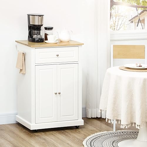 Miniatura 2 de HOMCOM Carrito de isla de cocina rodante, mesa portátil con cajón, estante ajustable y 2 toalleros, color blanco crema