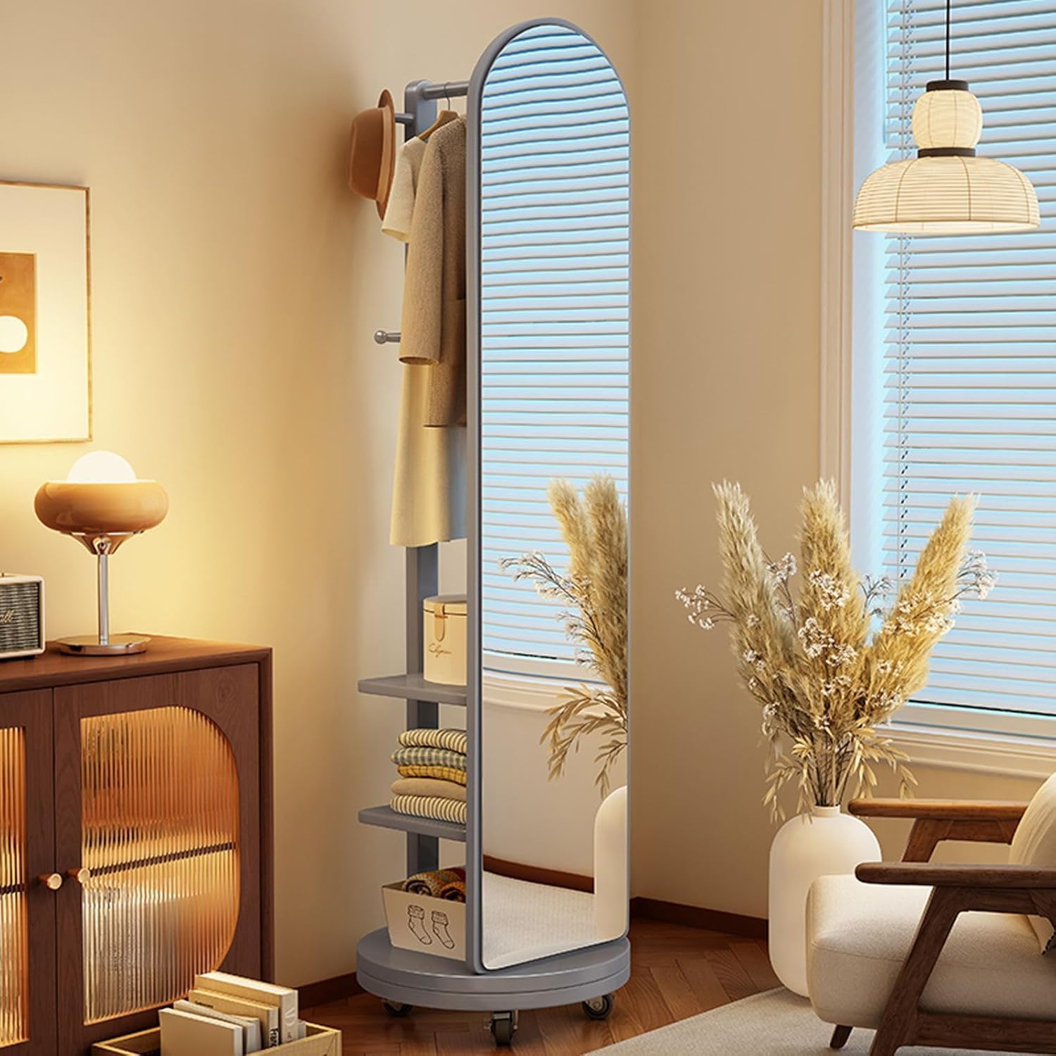 360° Rotating Full-Length Mirror with Coat Rack: Mobile Solid Wood Floor Mirror on Wheels for Bedroom, Living Room(Size:40×40×168cm(15.7×15.7×66.1in),Color:Grey)