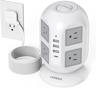 Tower Surge Protector Power Strip 10 ft, TESSAN Long Flat Extension Cord with Multiple Outlets, 8 AC Outlets with 4 USB Ports (1 USB C) Charging Station, Home Office Supplies, Dorm Room Essentials