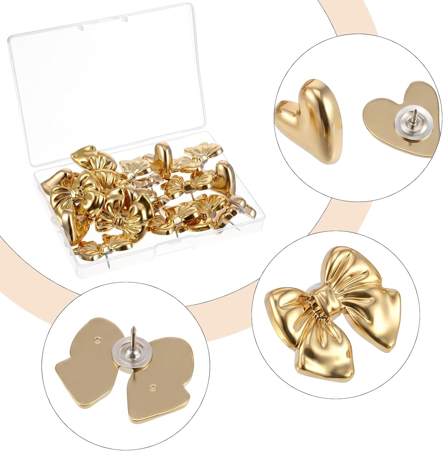 20PCS Cute Gold Push Pins Set Bow Heart Metal Thumb Tacks image 3