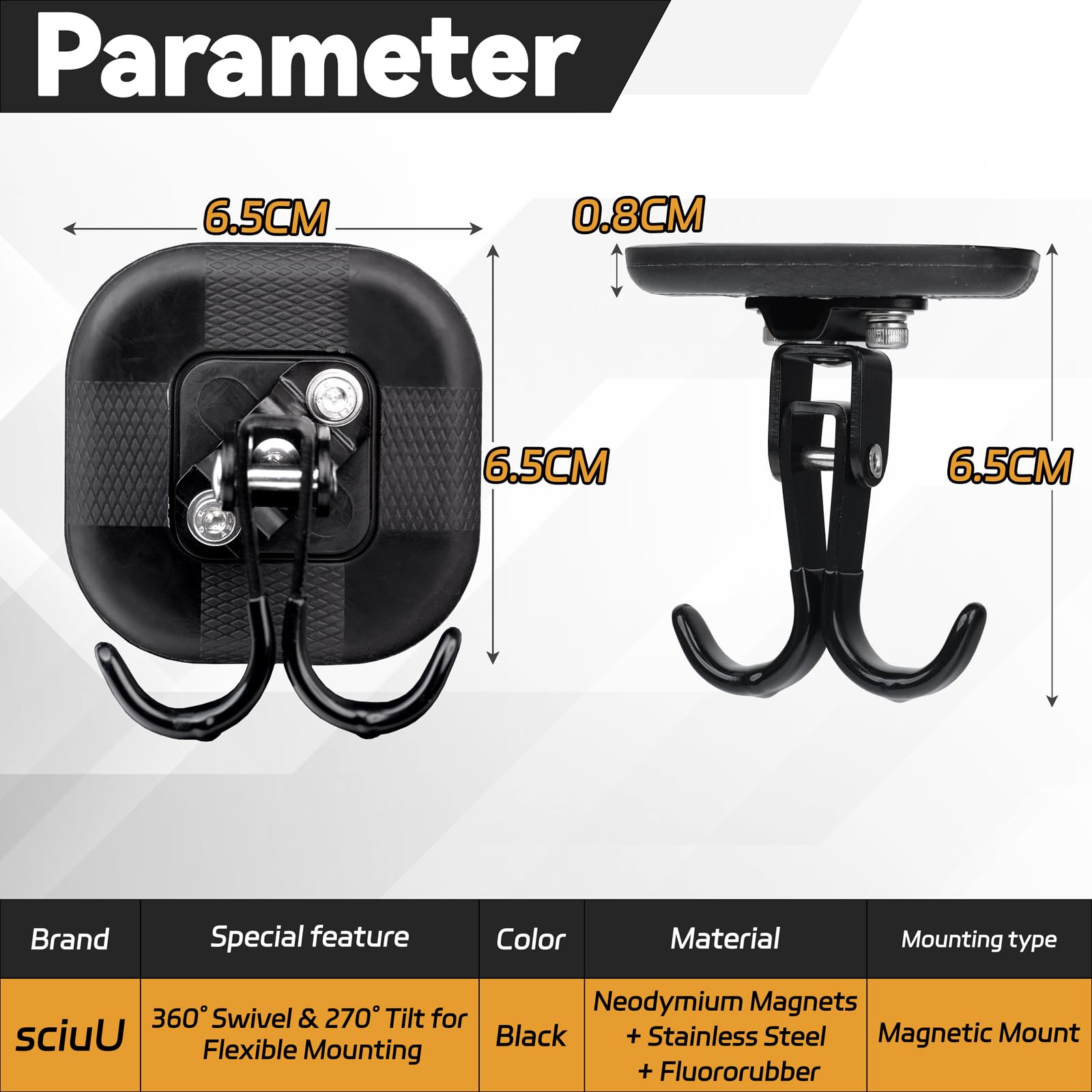 sciuU Crochet Aimanté Pivotant Inclinable - Neodym Magnet 20kg Max. Camping | Force Max 20kg, Aimant Neodyme N52, Base Caoutchouc Anti-rayures, Support pour Coffre Voiture, Camping-Car, Atelier