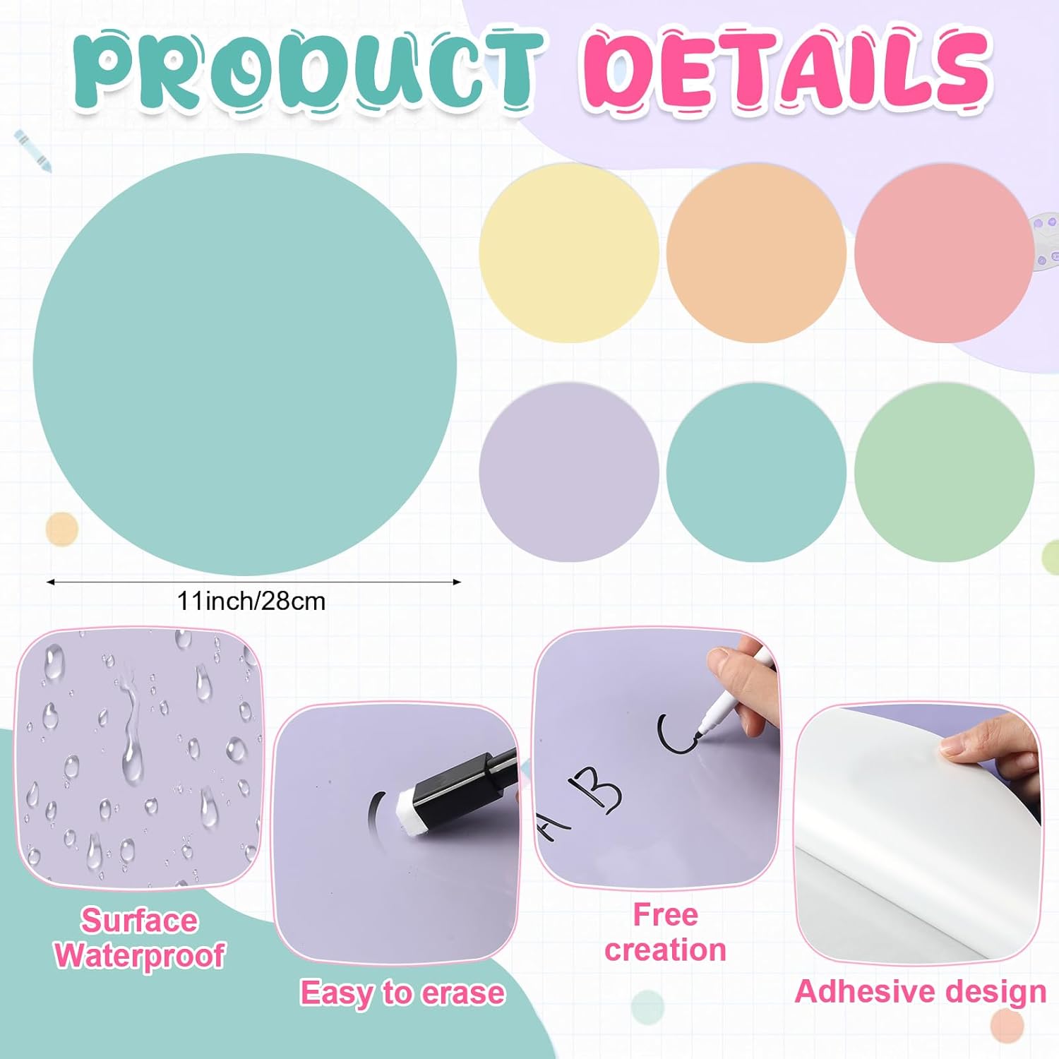 54 Pcs Dry Erase Dots Circles 11 Inch Removable Stickers Spots Wall Decals Magnetic Whiteboard Erasers Whiteboard Markers Set for School Classroom Teachers Students Table Desk(Macaron)
