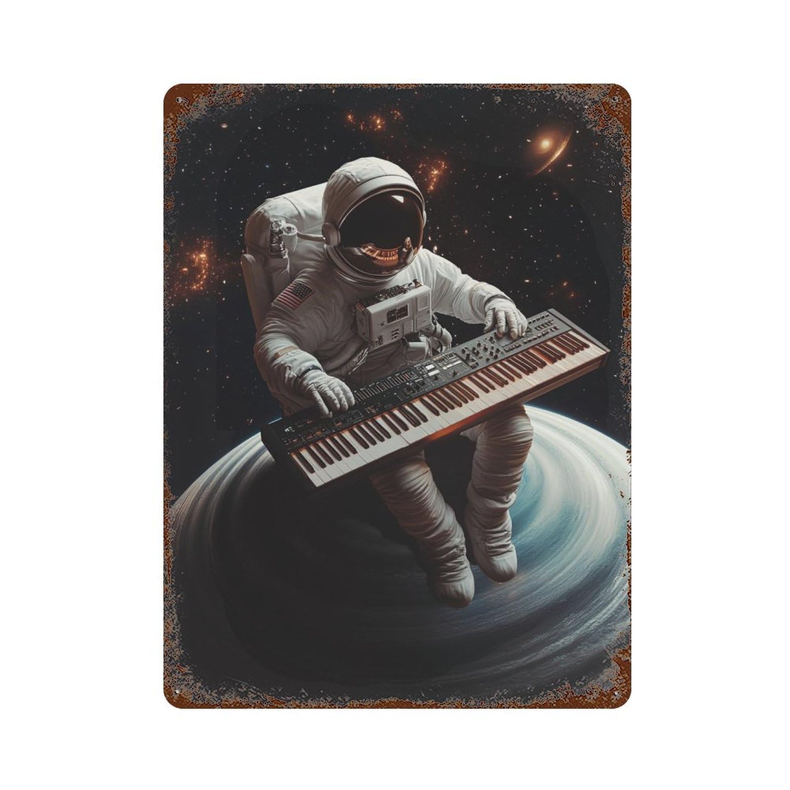 Weathered Tin Sign with Space Musician Astronaut Playing Keyboard in Orbit Design 15.7"x11.8", for Garage, Bar And Workshop Decor, Decorative Metal Wall Art