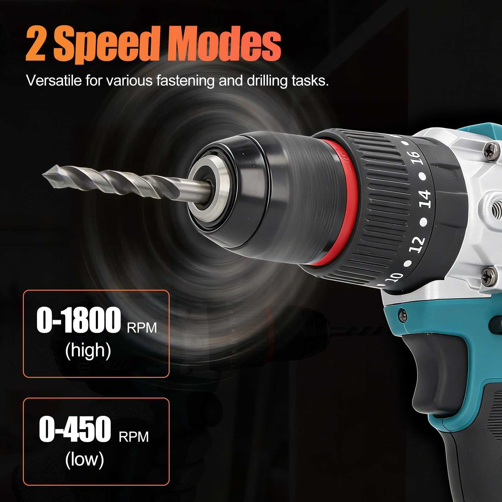 Taladro Inalámbrico para Batería Makit de 18 V, par Potente Máximo de 140 Nm, 3 Configuraciones de Torsión y 2 Velocidades Variables, 0-450 R/min, 0-1800 R/min, para Bricolaje y
