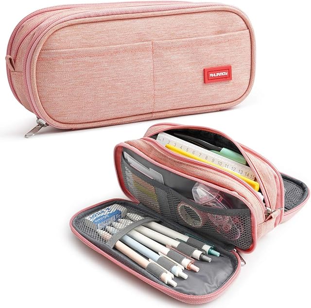 Large Pencil Case Big Capacity Pouch Pen Holder 3 Compartments School Supplies Stationery Makeup Bag Storage Organizer Gift for Middle High School Office College Students Girl Boy Adult TeenPink