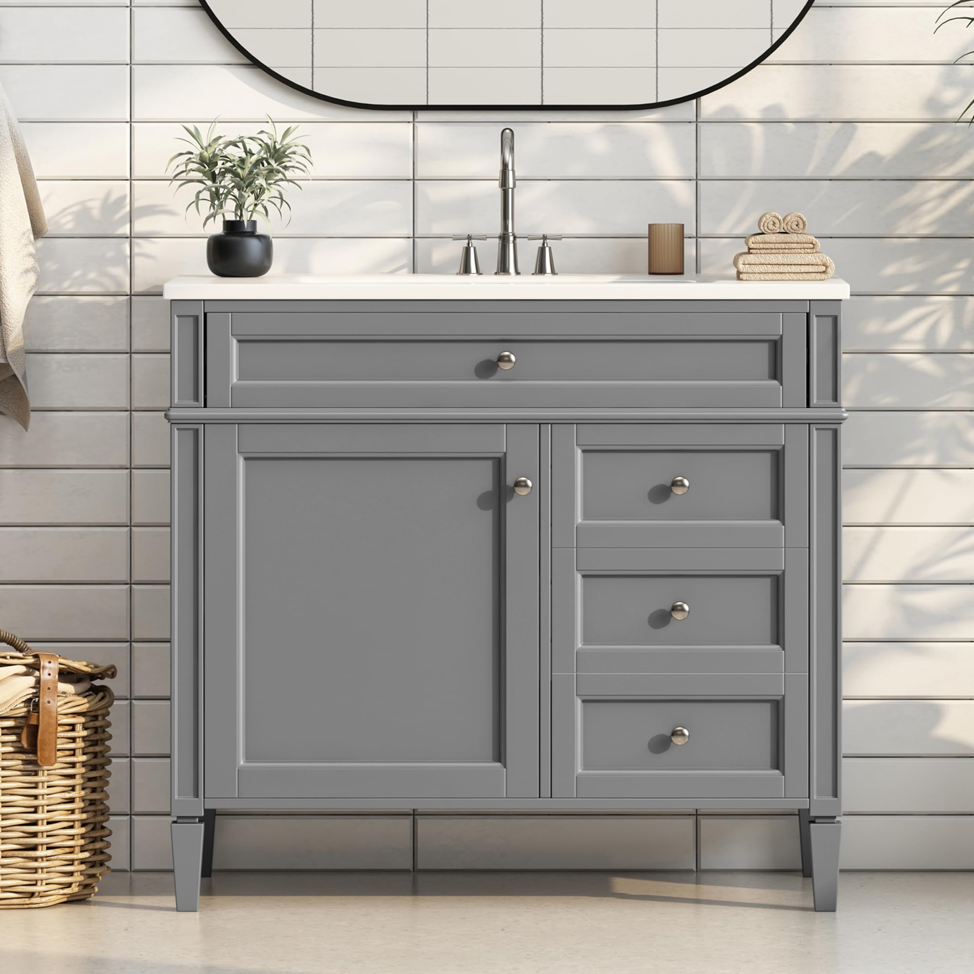 Merax 36" Bathroom Vanity with Sink, Modern Single Sink Bathroom Storage Cabinet with 1 Door, 2 Drawers & Tip-Out Drawer, Solid Wood Frame Bathroom