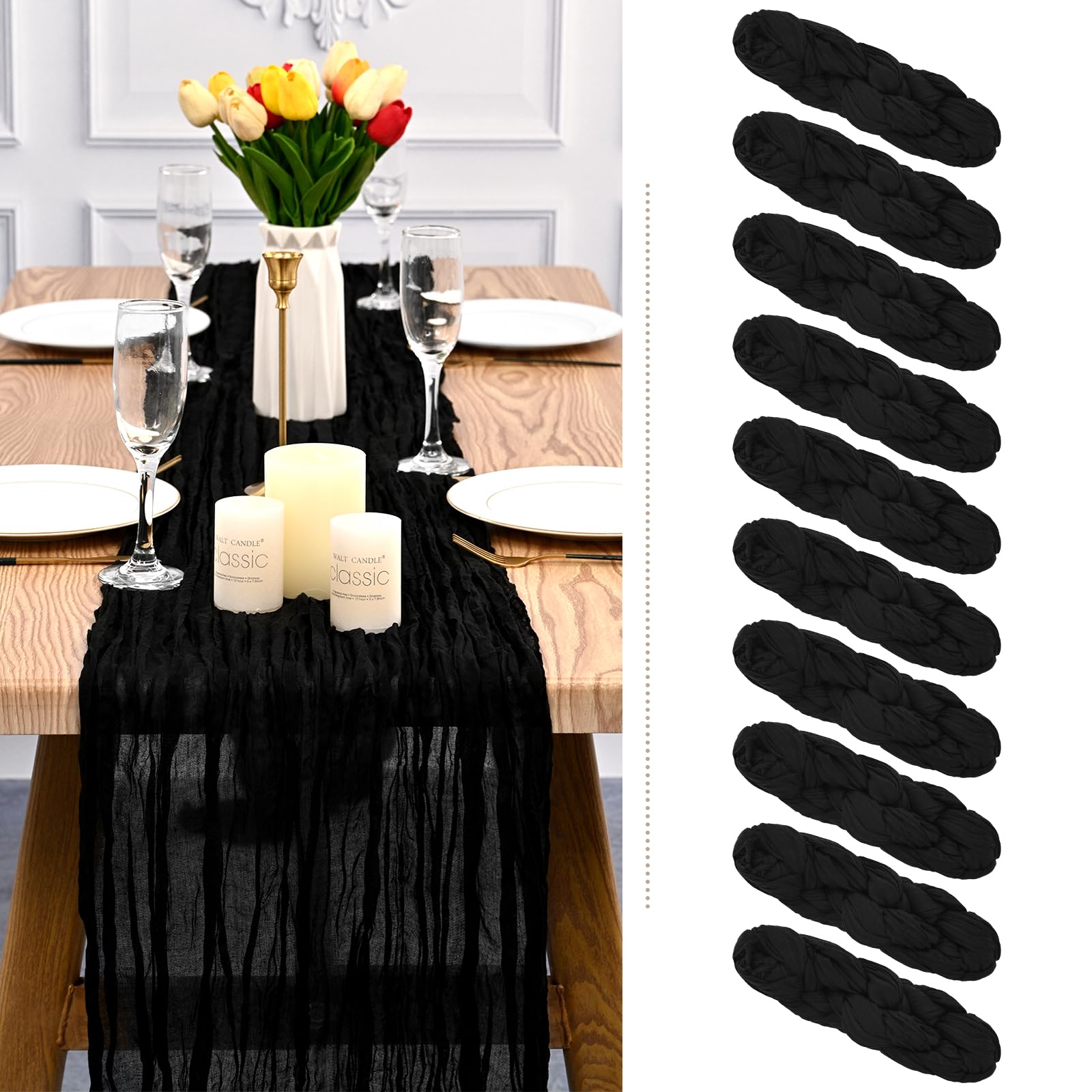 10 Pack Black Cheesecloth Table Runner Gauze Table Runner 10FT Long Semi-Sheer Table Runner Boho or Rustic Wedding Table Decor for Wedding Decor Arch Draping Bridal Shower Holiday Party
