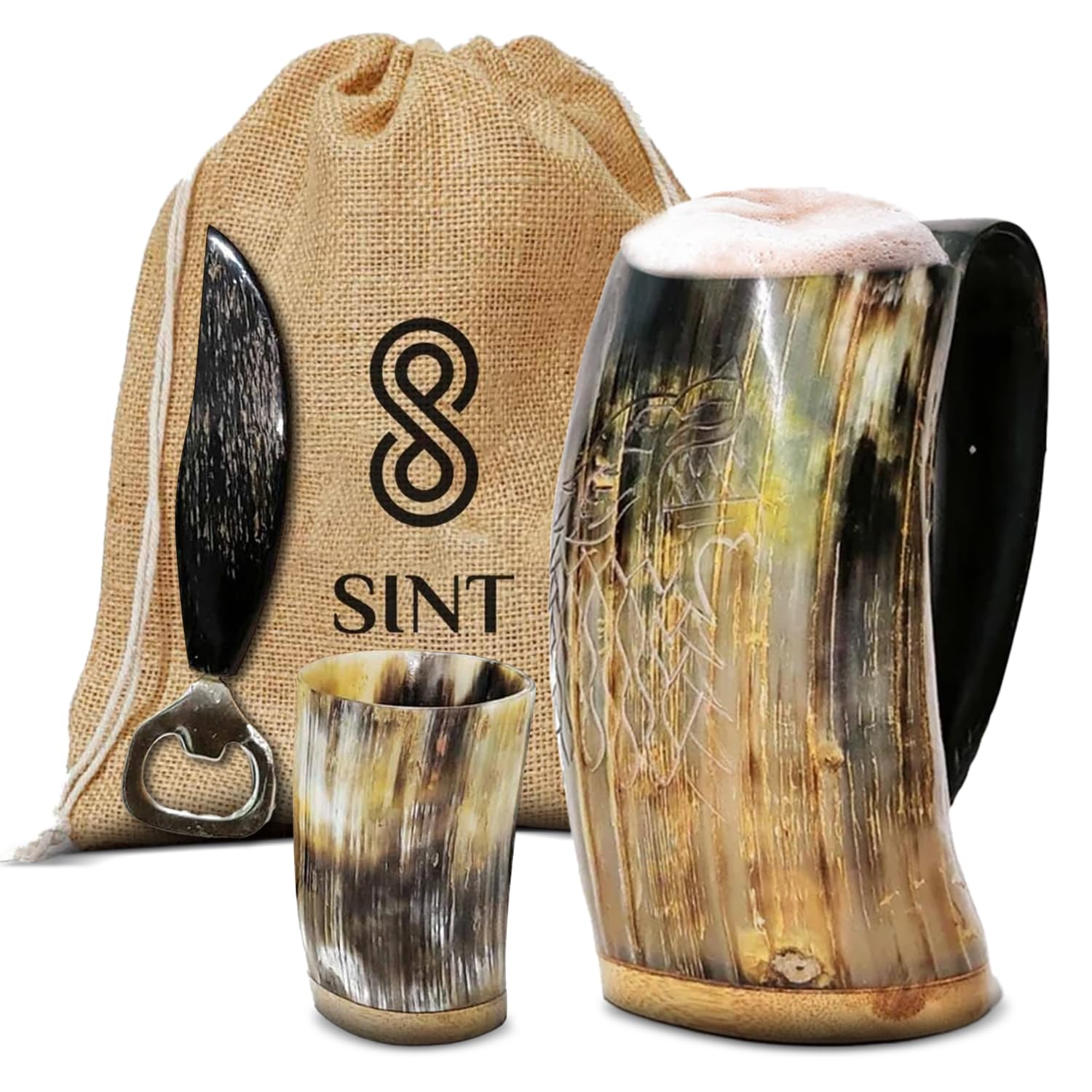 Viking Horn Mug With Gift Bag - Food Grade Medieval Style Man's Beer & Mead Cup (The Wolf/Fenrir-Engraved Natural)