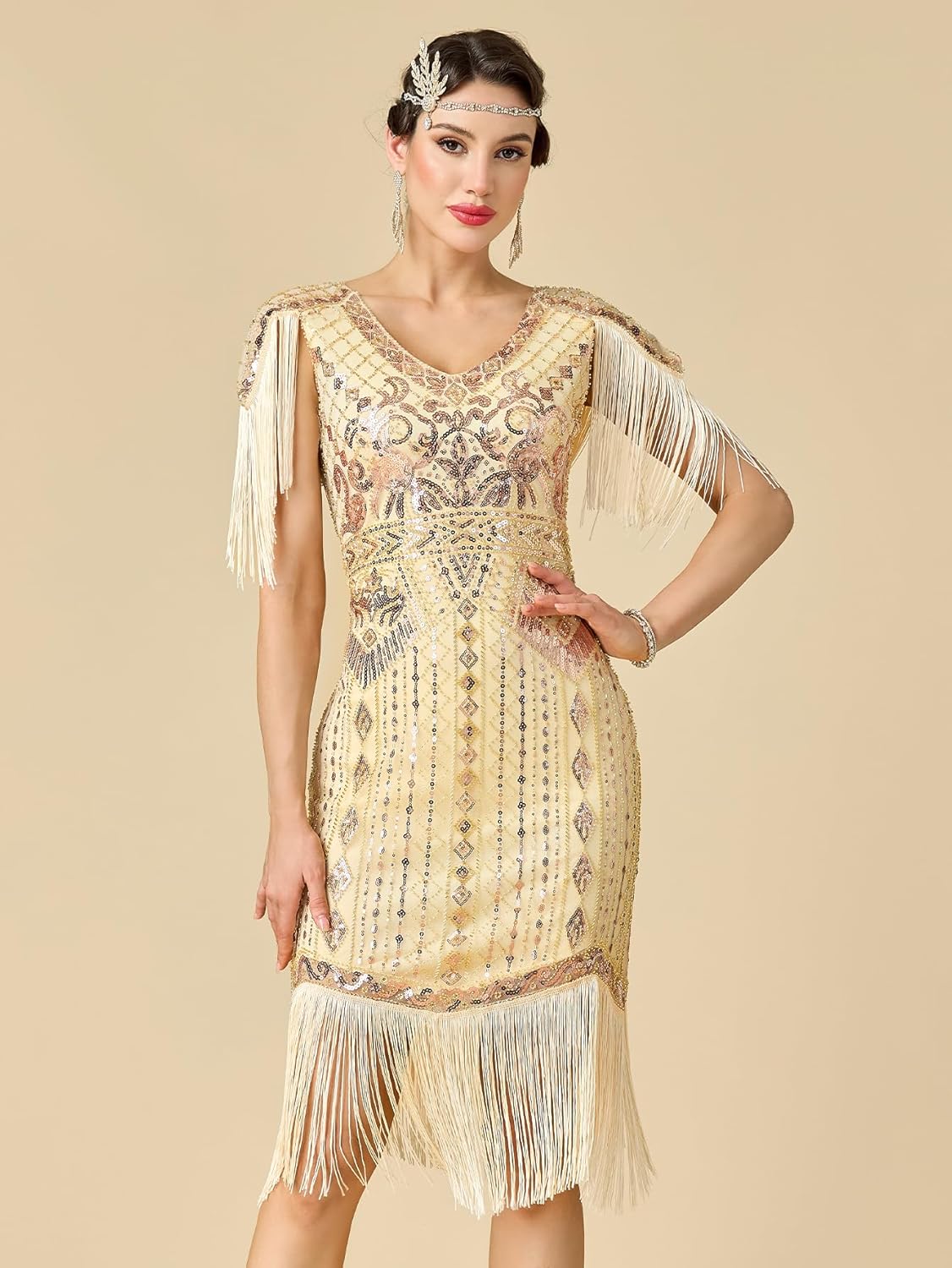 Women's Flapper Dresses 1920s V Neck Beaded Fringed Great Gatsby Dress - Image 2