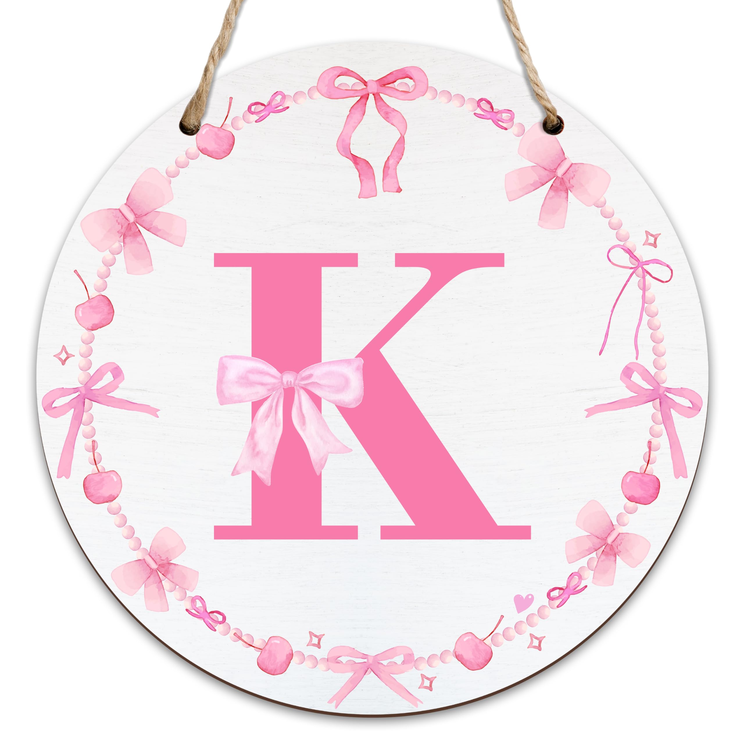 Monogram Round Sign For Front Door, Cherry Bow Theme Sign For Porch Art Wall Door, Initial Signs Hanging Ornament For Indoor Outdoor, Decorations