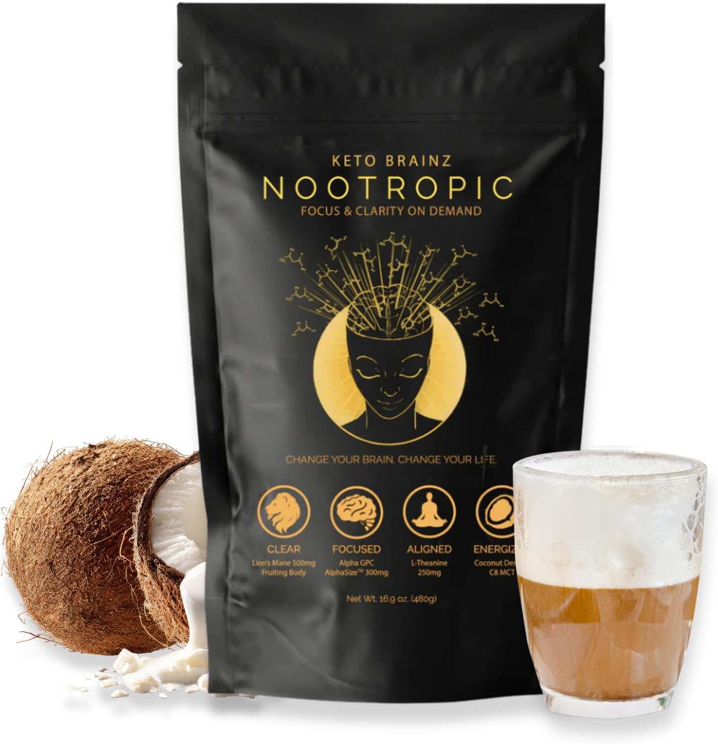 Keto Brainz C8MCT Based Nootropic - with 500mg Lion's Mane Mushroom, AlphaGPC & L-Theanine This is The Ultimate Easy to use nootropic Stack & Makes Delicious Mushroom Coffee! 16oz. 30 Servings