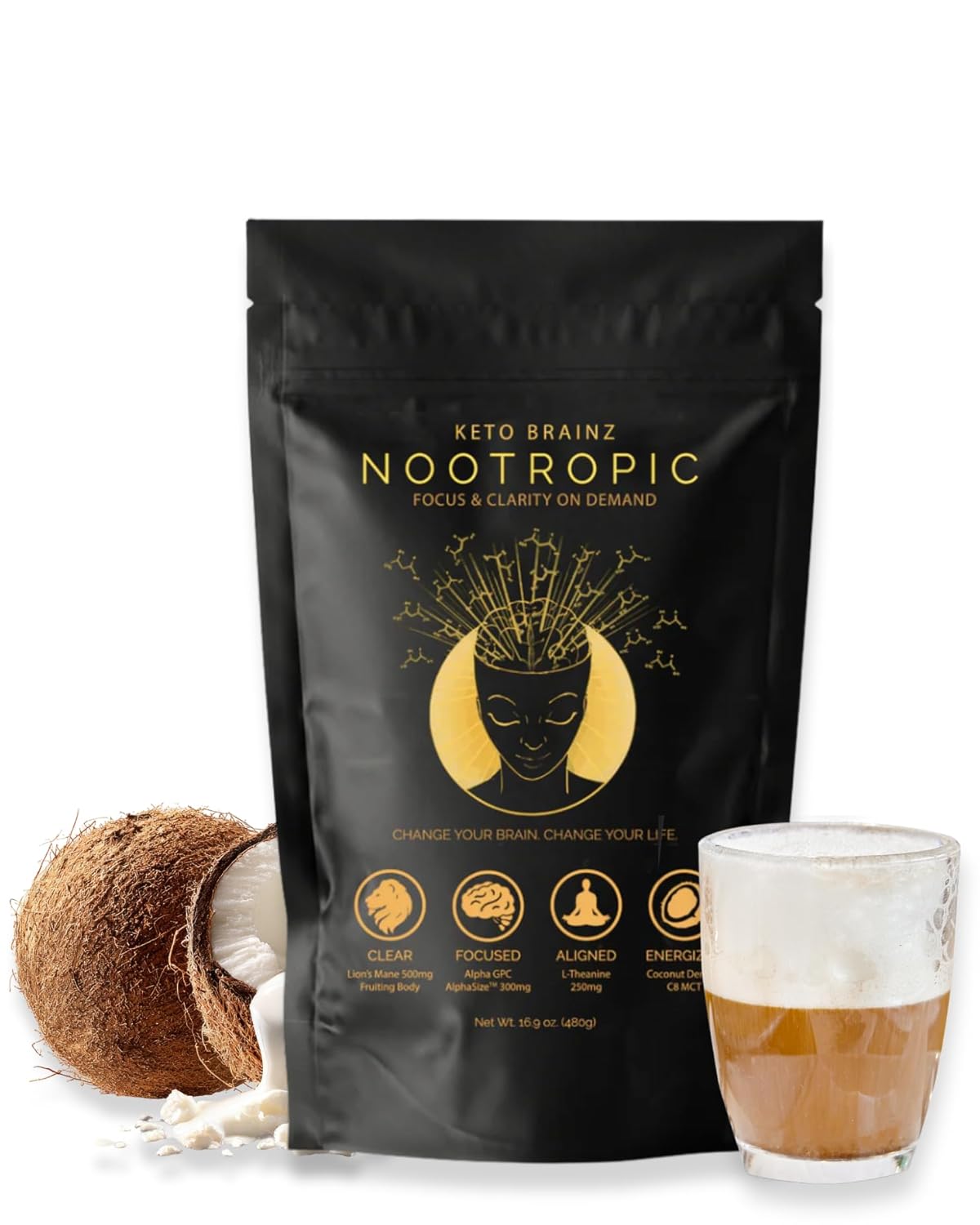 Keto Brainz C8MCT Based Nootropic - with 500mg Lion's Mane Mushroom, AlphaGPC & L-Theanine This is The Ultimate Easy to use nootropic Stack & Makes Delicious Mushroom Coffee! 16oz. 30 Servings
