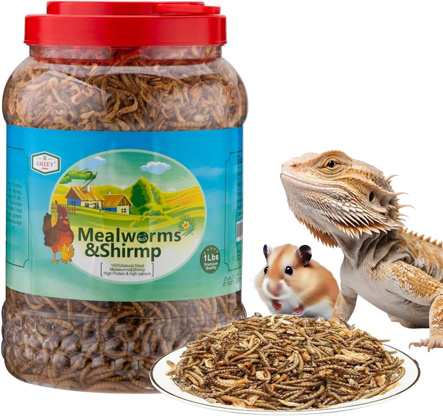 Amzey Shrimp & Mealworms 100% Non-GMO Dried Mealworms – High-Protein Meal Worm Treats – Perfect for Your Chickens, Ducks, Wild Birds, Turtles, Hamsters, Fish and Hedgehogs