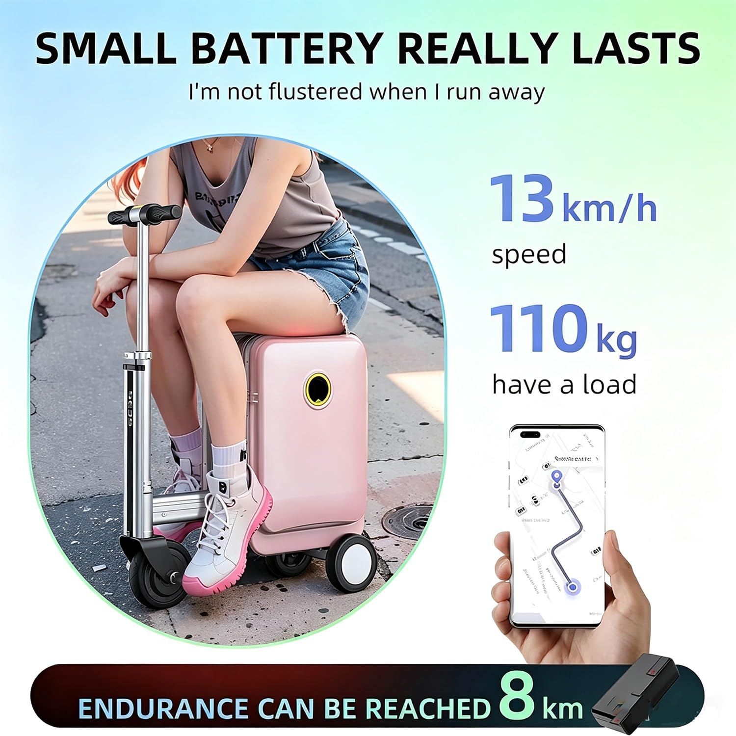Inteligentna walizka na hulajnogę elektryczną o pojemności 20 litrów | Nośność 110 kg - Prędkość: 13 km/h, dla dorosłych, Wodoodporna i lekka, z portem USB, blokadą TSA(Pink)