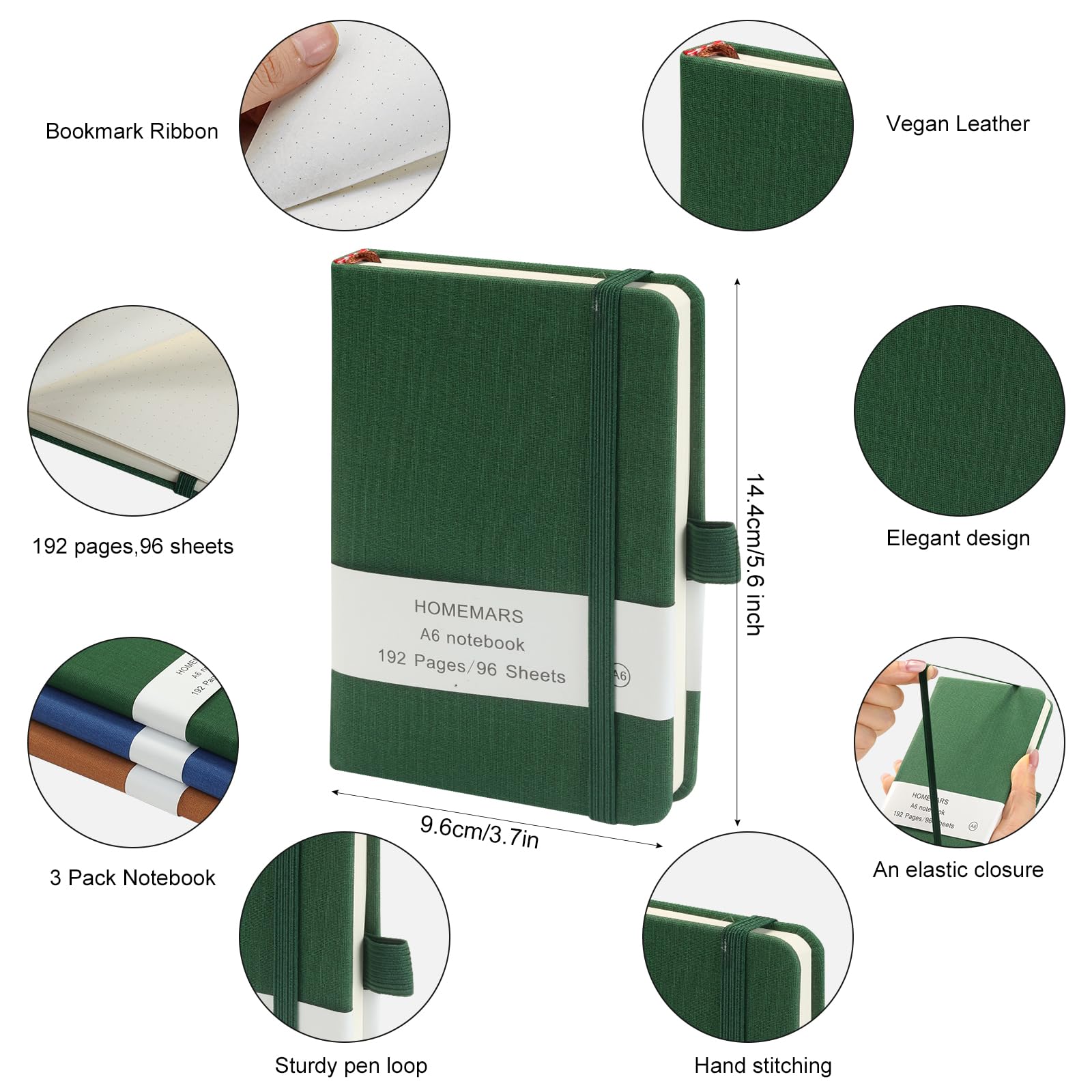 Taccuini A6 Con Copertina In Pelle - Confezione Da 3, Pagine Puntinate, 192 Pagine, Ideali Per Appunti, Diari E Viaggi, Colori Marrone, Verde, Blu - Foto 8