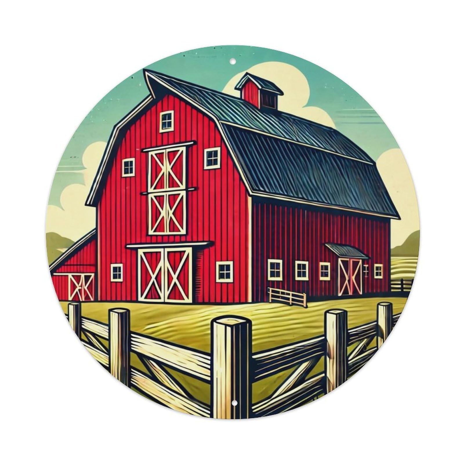 Red Barn Farm Scene Print Vintage Metal Tin Sign Retro Wall Decor for Home Bar Garage Cafe, Indoor & Outdoor Decorative，circle Metal Poster, 8x8 Inch
