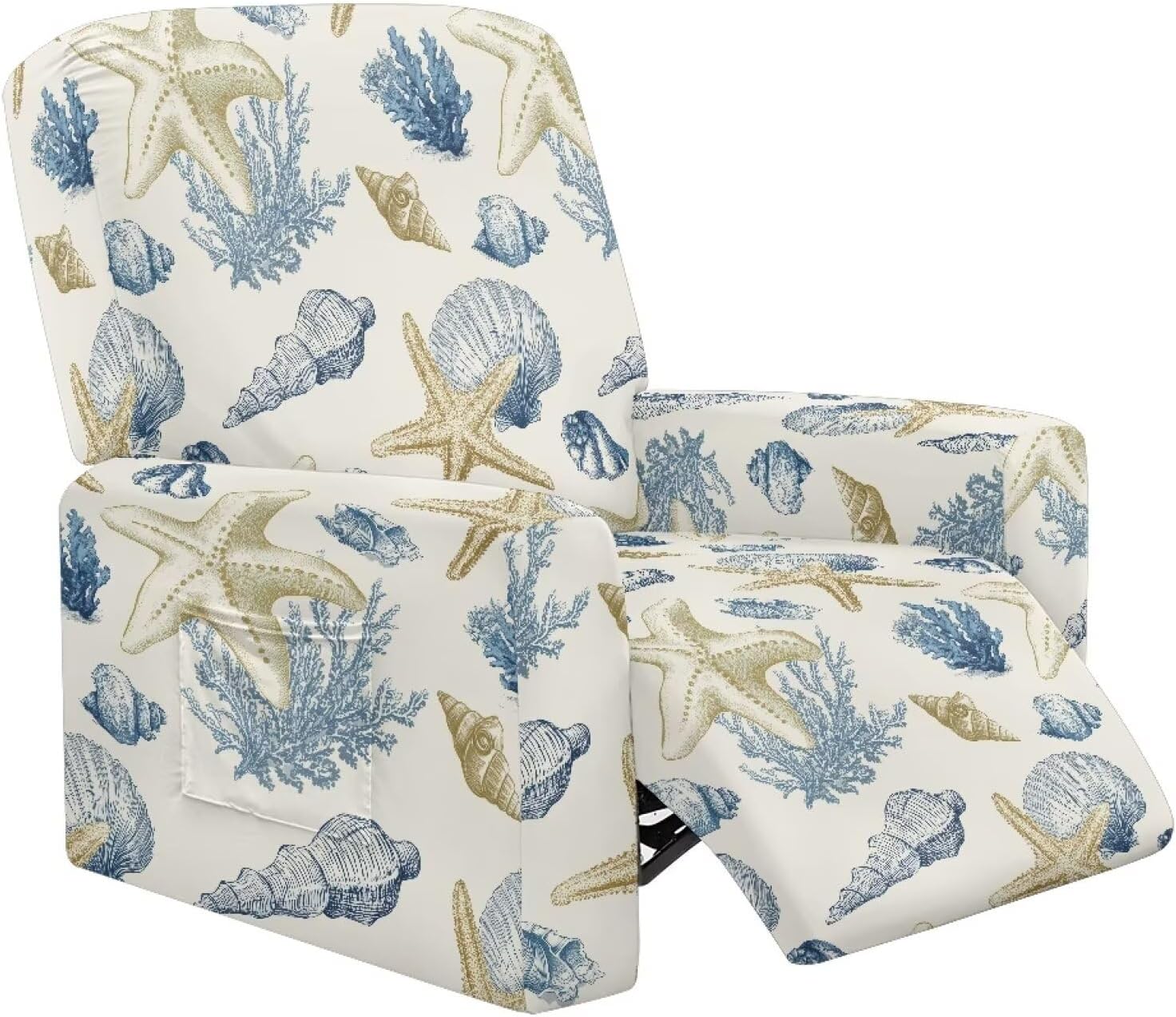 Talayituse Starfish Conch Coral Pattern Recliner Slipcovers with Arms 4 Pieces Lazyboy Recliner Chair Cover Non Slip Recliner Slip Covers for Recliner Chair with Storage Pockets Furniture Protector