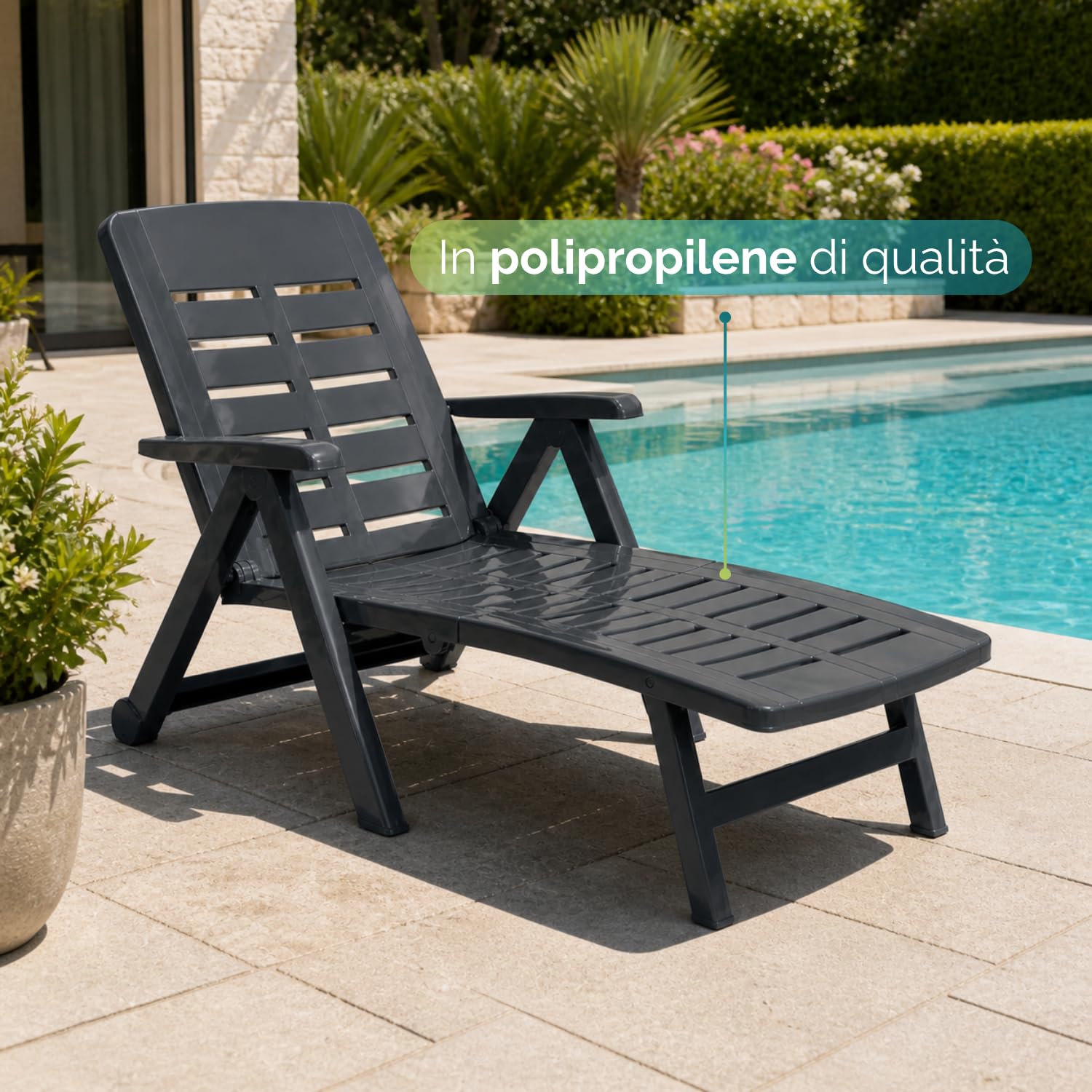 PALUPLUS 2 Lettini Prendisole Pieghevoli in Plastica Antracite, misura 189x72x96 cm, Schienale Regolabile, 2 Ruote, Letto da Esterno per Giardino, Spiaggia, Piscina, Made Italy -SME007F