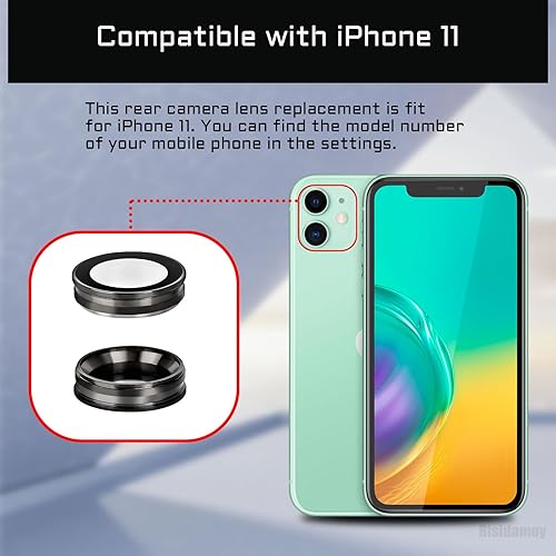 Miniatura 6 de 2 juegos para iPhone 11 verde trasera lente de cámara de repuesto con adhesivo de doble cara protector de lente de cámara trasera marco de metal con