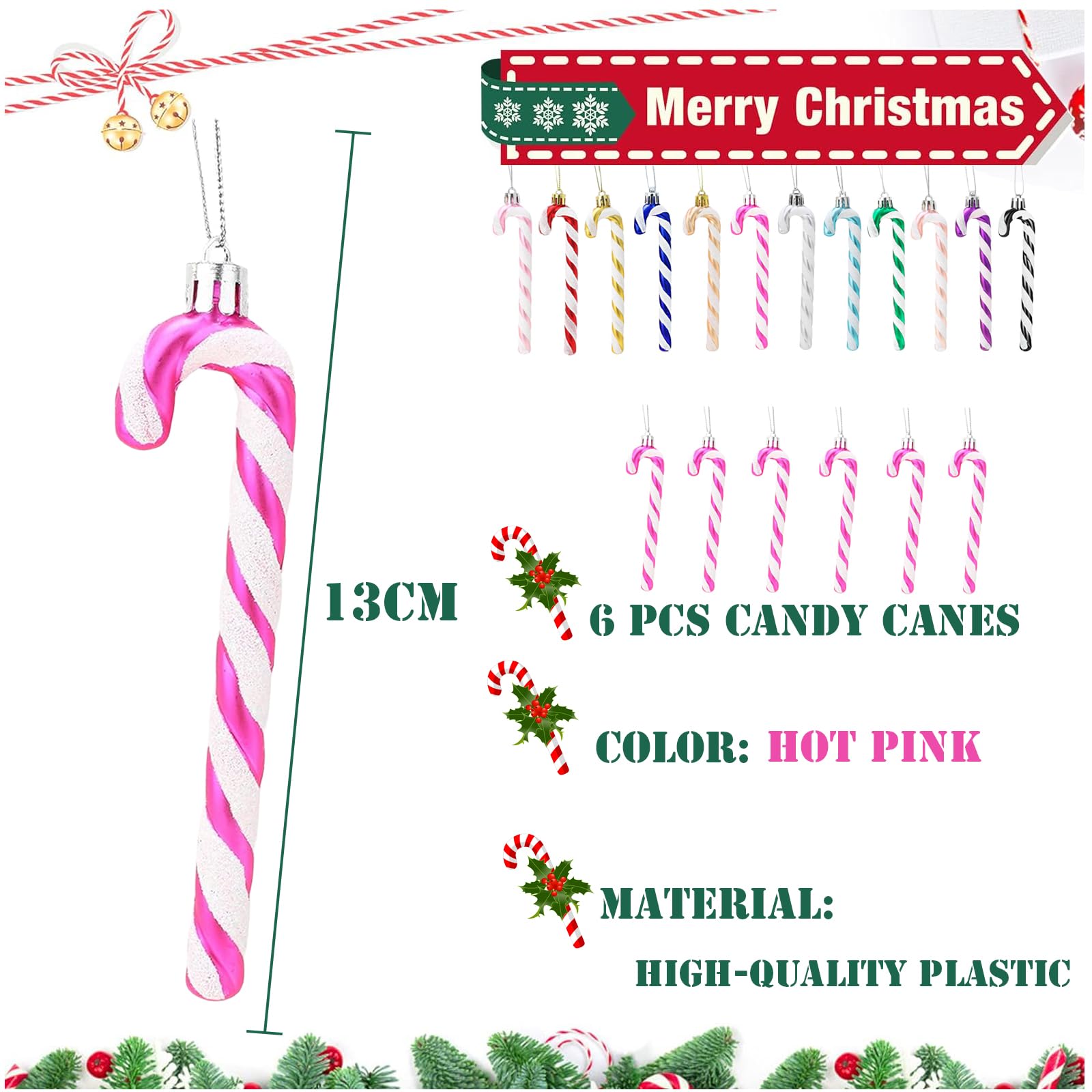 13cm Hot Pink White Candy Cane Christmas Decoration, 6pcs Glitter Candy Cane Xmas Tree Ornaments for Holiday Decor - Image 2