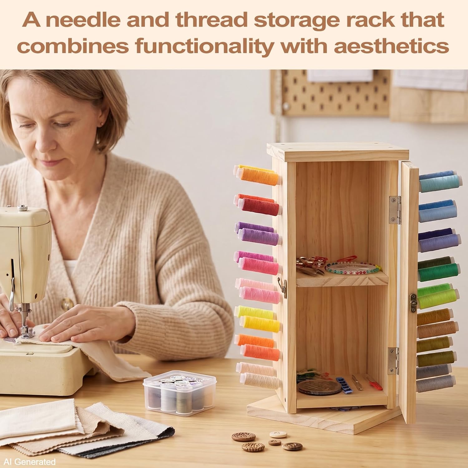 Hafeehafi Premium 360° Rotating Wooden Thread Storage Organizer with Internal Storage Cabinet, Holds 64 Spools, Freestanding Sewing & Embroidery Spool Rack