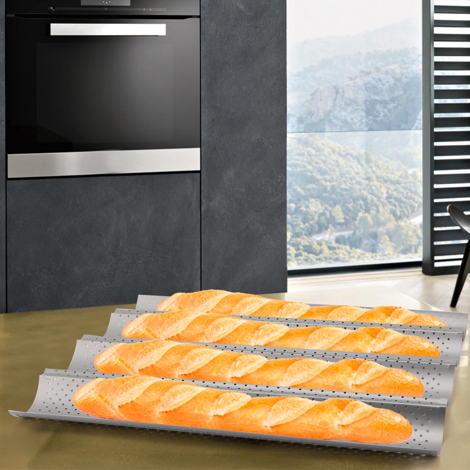 Lot de 3 moule a baguette, moules à pâtisserie, moule à baguettes, moule à pain, poêle à baguette pour 4 baguettes，en acier au carbone