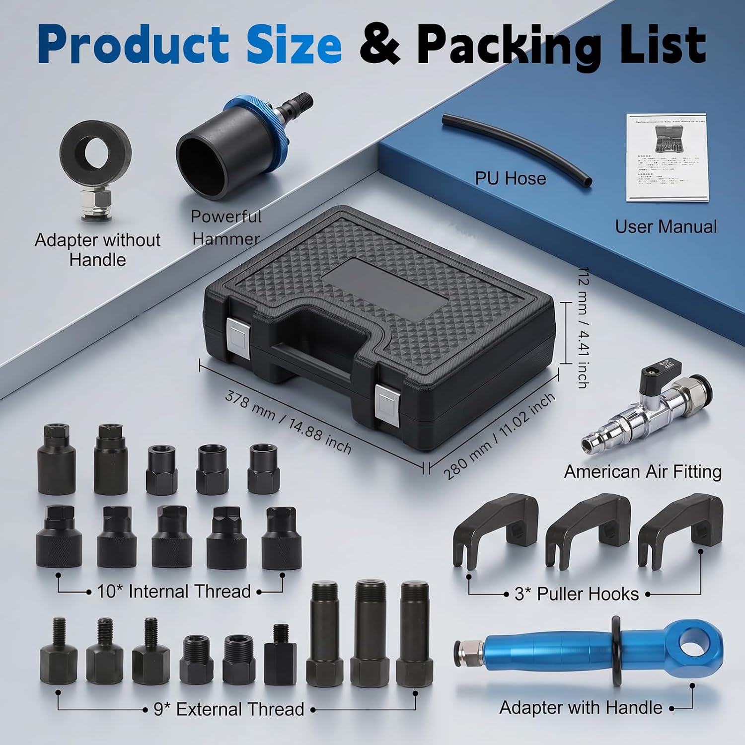 27PCS Pneumatic Injector Puller Kit for Diesel Engines, Air Vibration Injector Removal Tool Set with Slide Hammer, 18 Adapters & 3 Hooks, Labor-Saving Extractor Tool