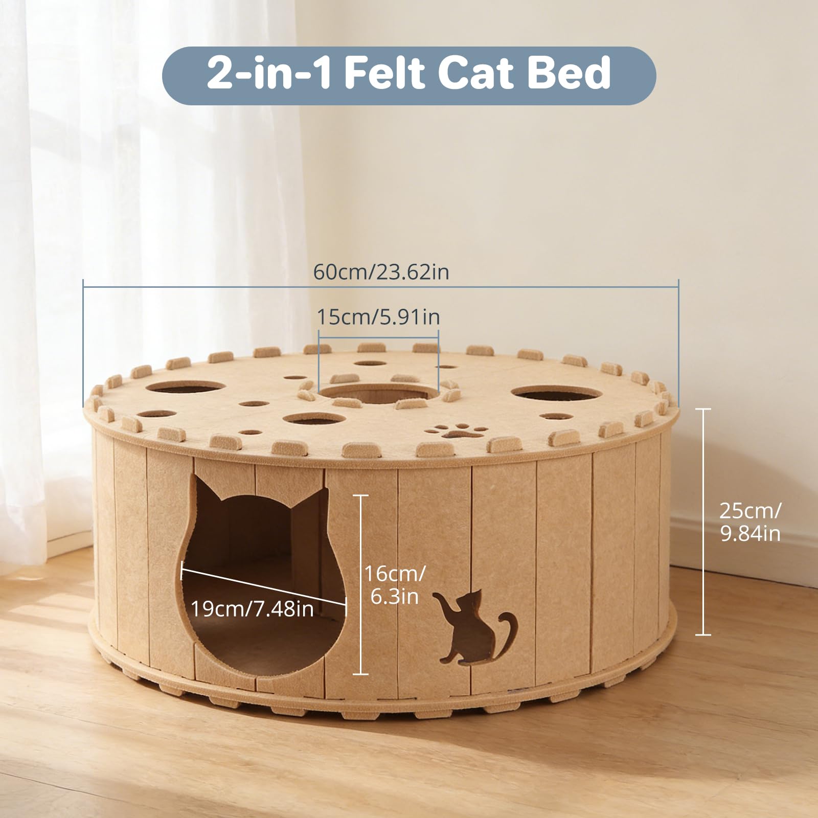 Túnel para Gatos, Cueva para Gatos de Interior, Juguete de Fieltro Suave para Gatos con Agujero Interactivo, túnel de Fieltro para hogares de Varios Gatos, Marrón Claro