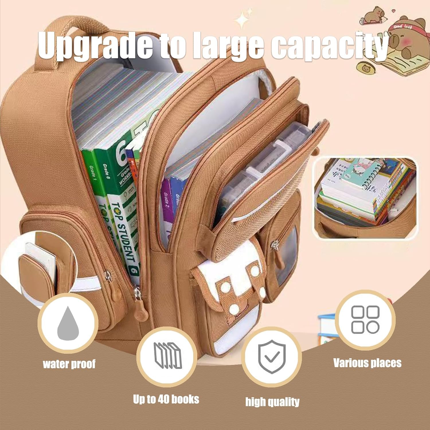 Zaino per Bambini Capibara, Zaino Capybara Kawaii per Bambine e Bambini, Borsa Scolastica Capybara con Set di Cancelleria, Regalo per Adolescenti e Studenti