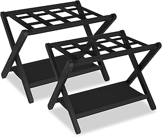 Heybly Luggage Rack, Pack of 2, Folding Suitcase Stand with Storage Shelf, Heavy-Duty Luggage Holder for Guest Room Bedroom Hotel, Holds up to 141 lb, Black HLR010B2