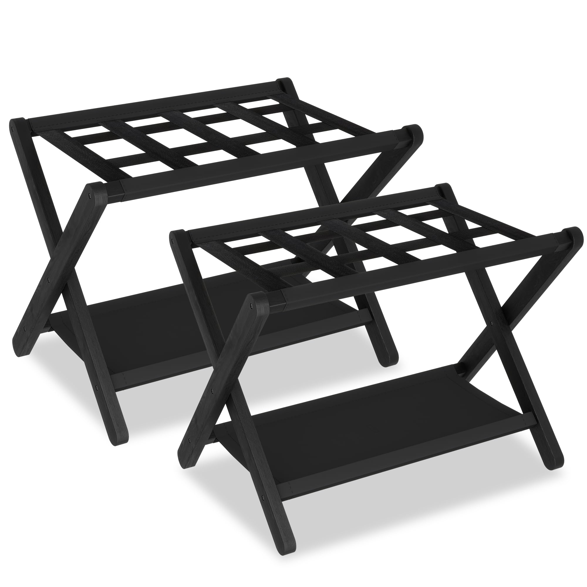 Heybly Luggage Rack, Pack of 2, Folding Suitcase Stand with Storage Shelf, Heavy-Duty Luggage Holder for Guest Room Bedroom Hotel, Holds up to 141 lb, Black HLR010B2