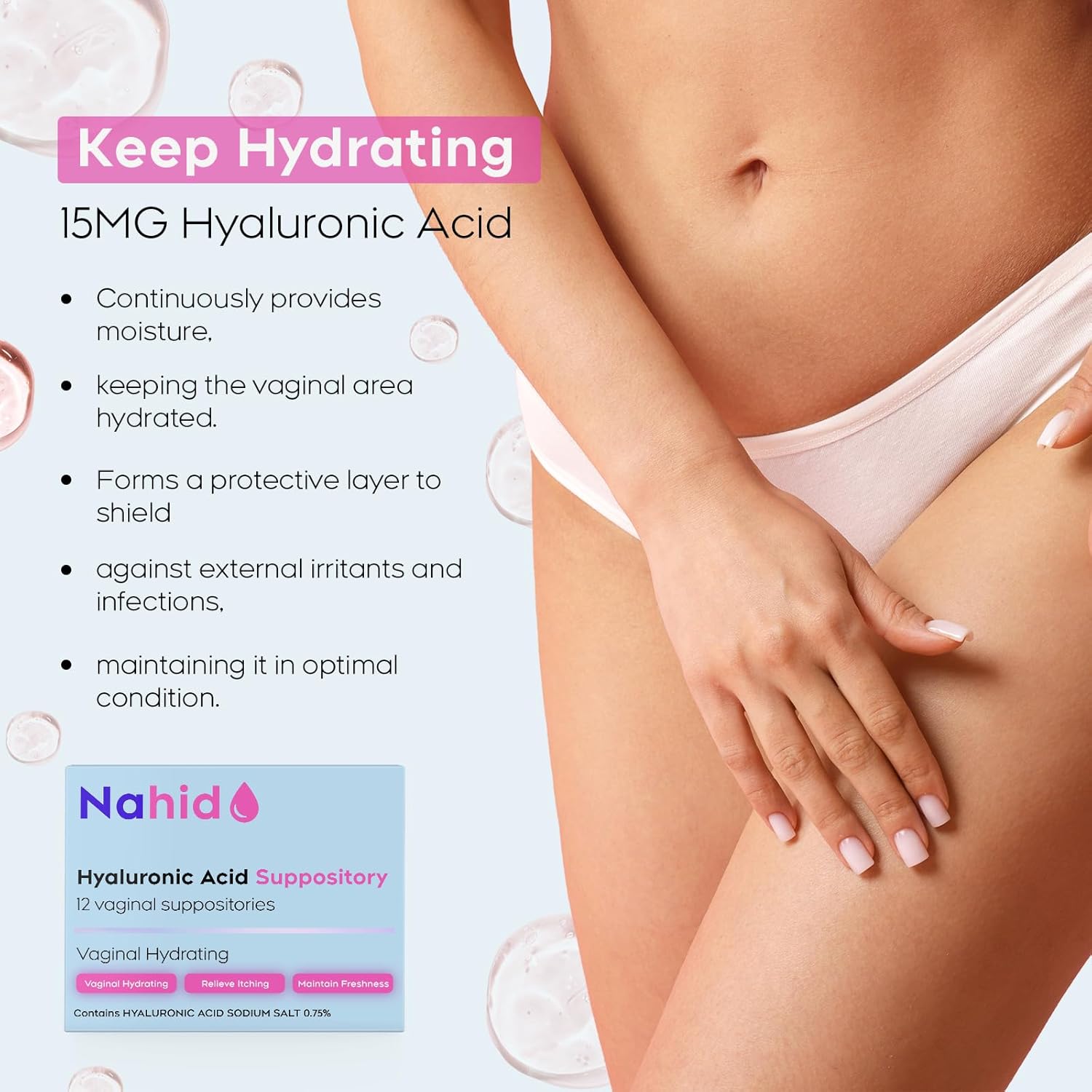 Nahid Vaginal Moisturizing Suppositories | 15 mg Hyaluronic Acid | Long-Lasting 72-Hour Hydration | pH-Balanced Formula for Vaginal Dryness | Menopause & Hormonal Changes | 12 Inserts | 1 Pack