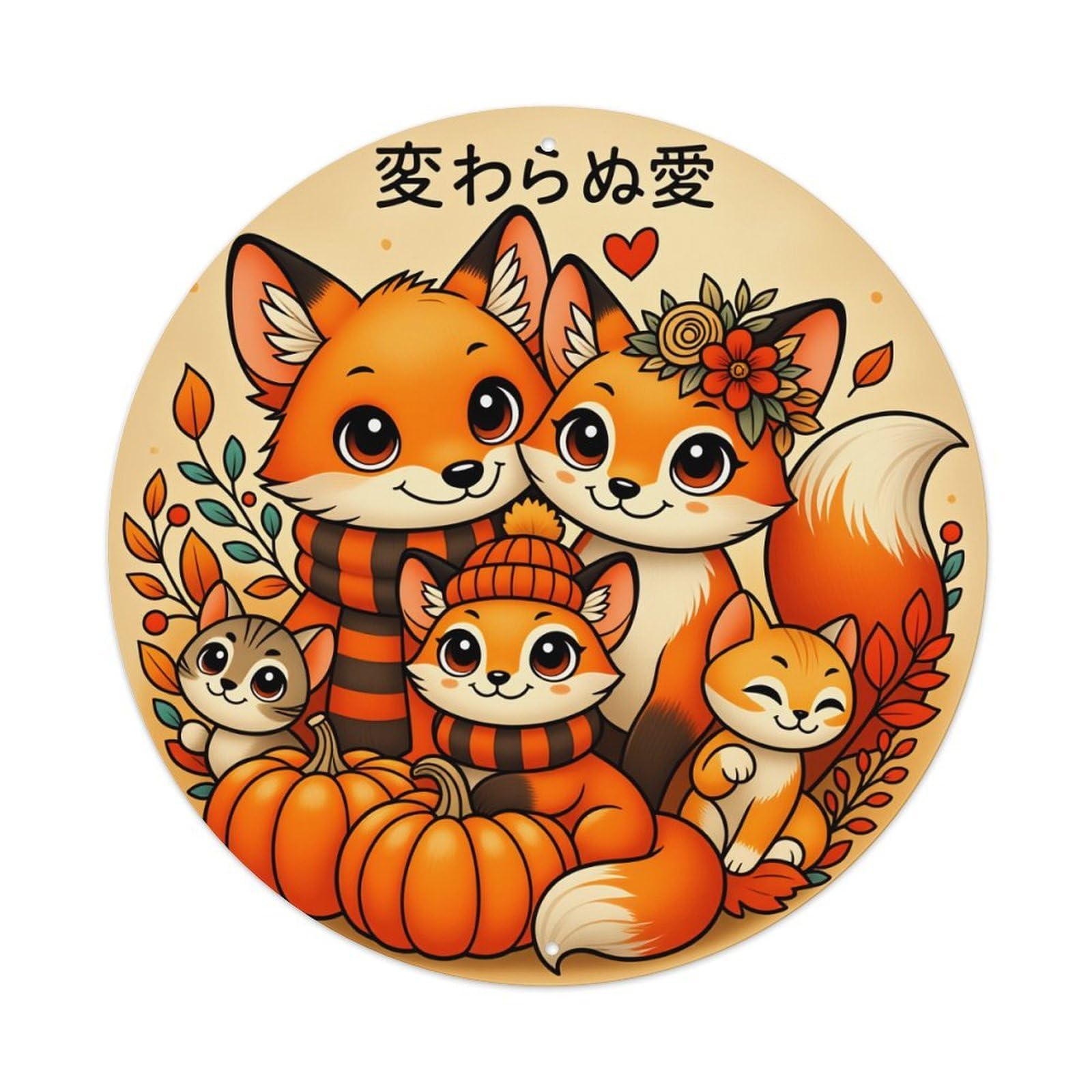 Fox Family Autumn Pumpkins Leaves Round Tin Sign Vintage Metal Poster Retro Bar, Home, Man Cave, Kitchen, Laundry Room Wall Art Decor Gift 8x8Inch