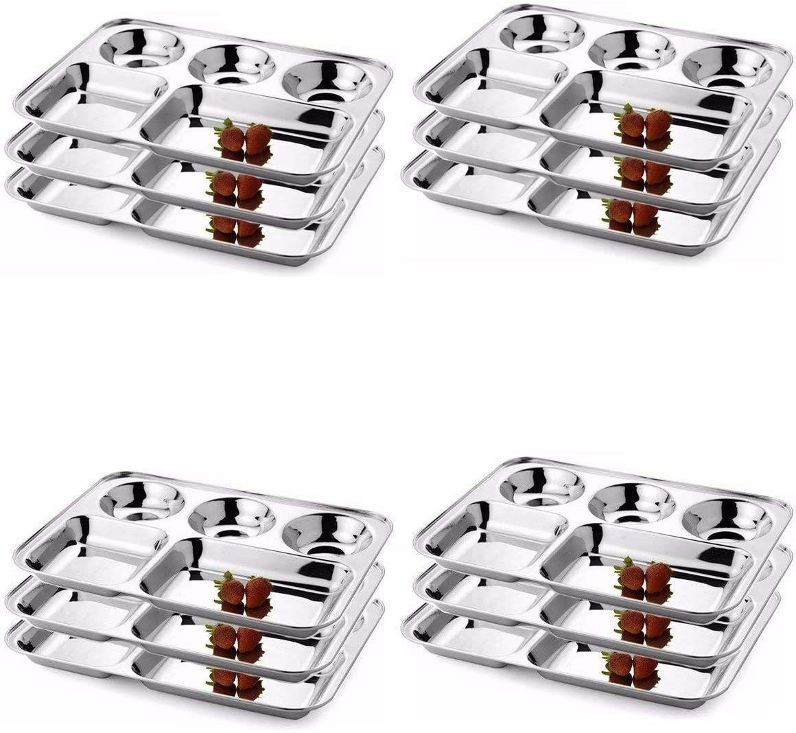 Stainless Steel Dinner Set (Set of 6) (Glass, Curry Bowl, Desert Bowl, Spoon, Quater Plate and Full Plate),Silver (Design 2)